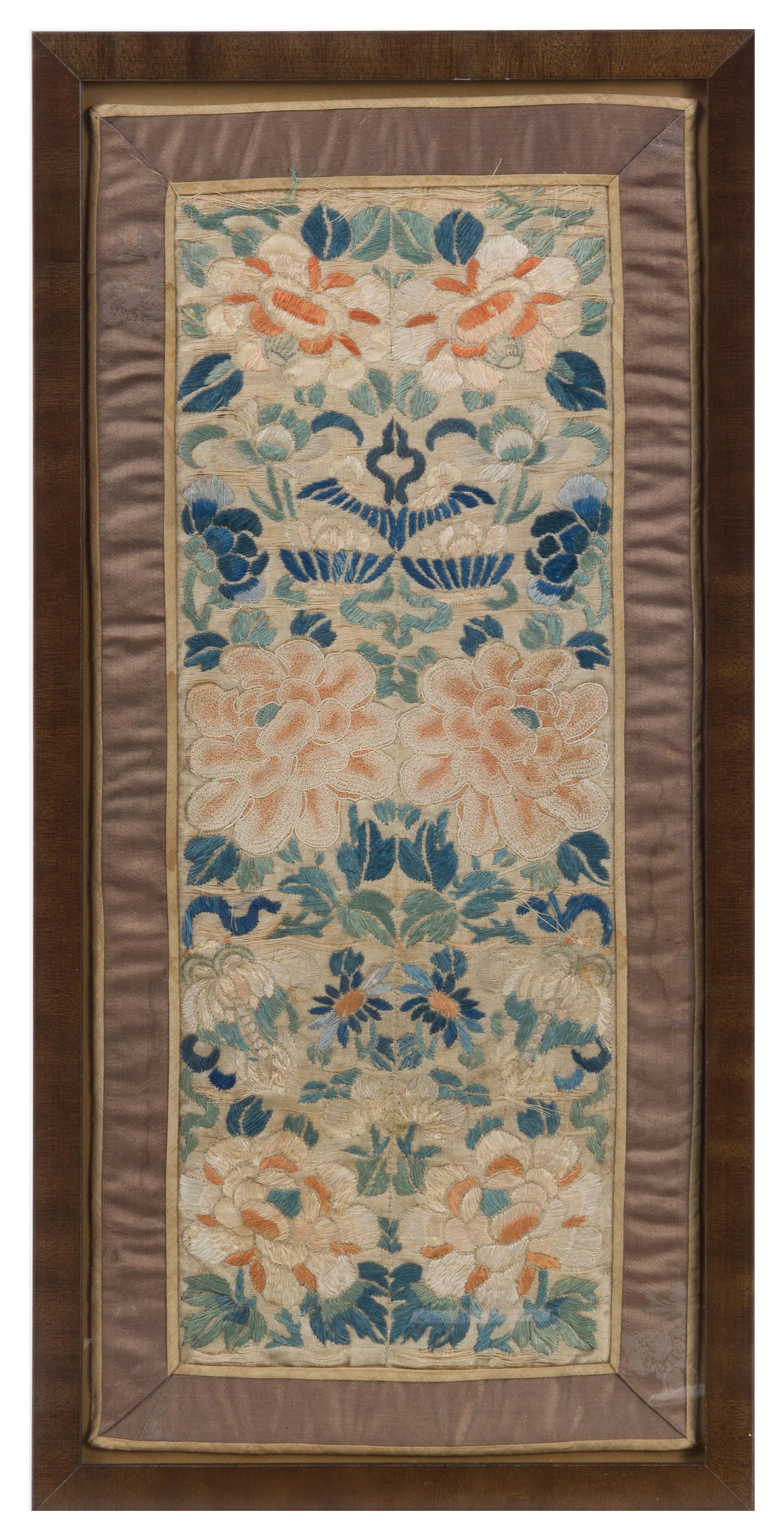 Two Embroidered Silk Panels Height of taller overall 23 x width 11 1/4 inches.