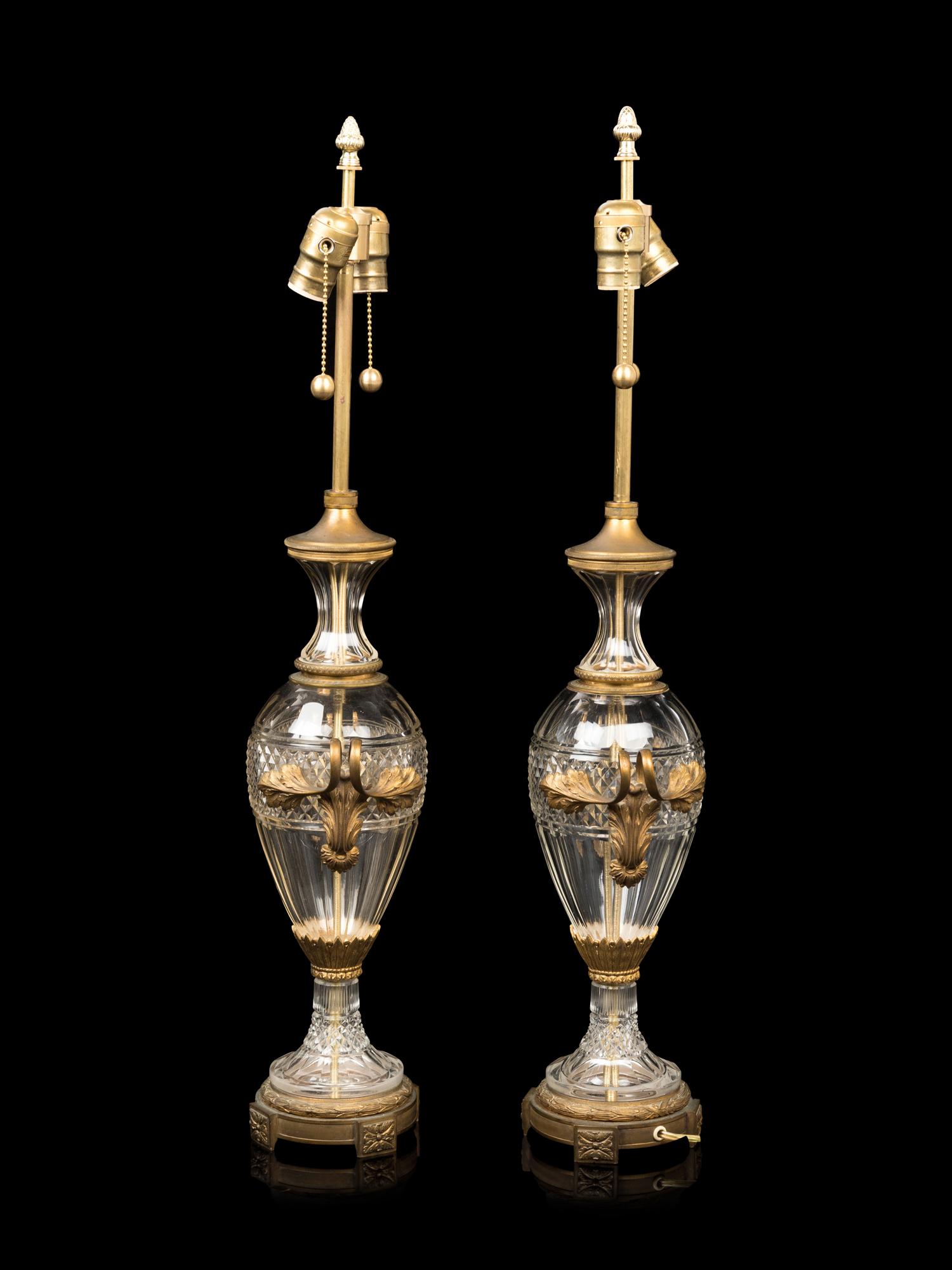 A Pair of French Gilt Bronze Mounted Cut Glass Vases Mounted as Lamps
