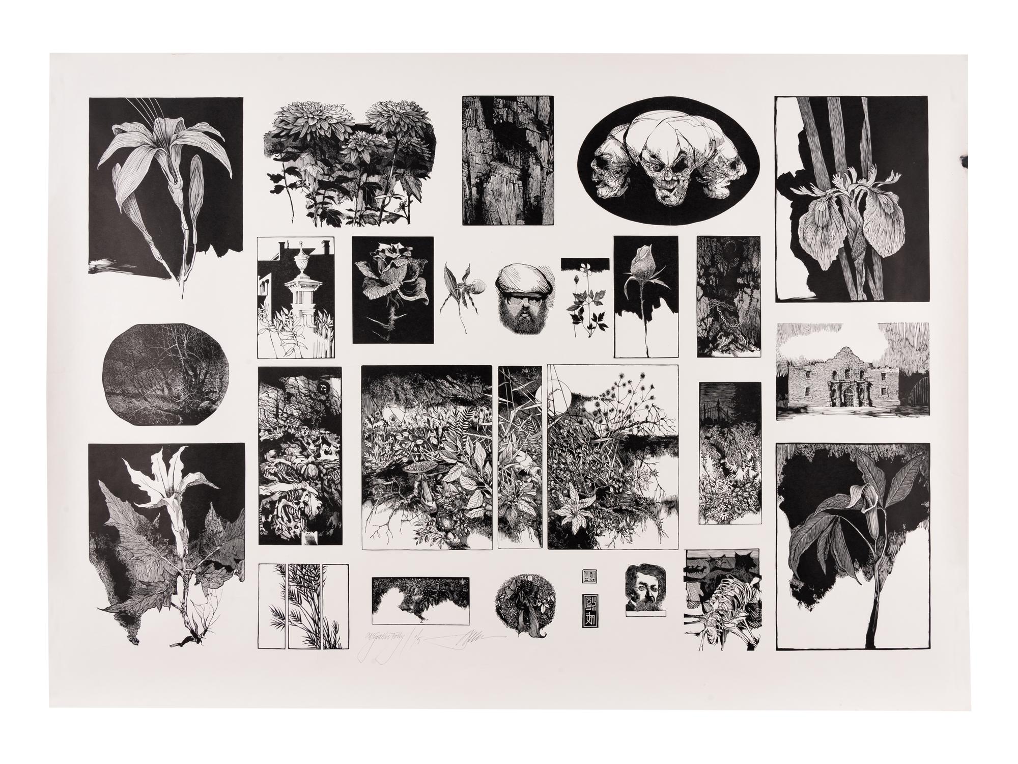 MOSER, Barry. McGrath’s Folly. 2 sheets containing composites of numerous wood engravings by Moser printed by Harold McGrath from various works. Each 640 x 892 mm. Signed by Moser and inscribed “McGrath’s Folly,” and “McGraths Folly II,” each numbered 1/5 copies.