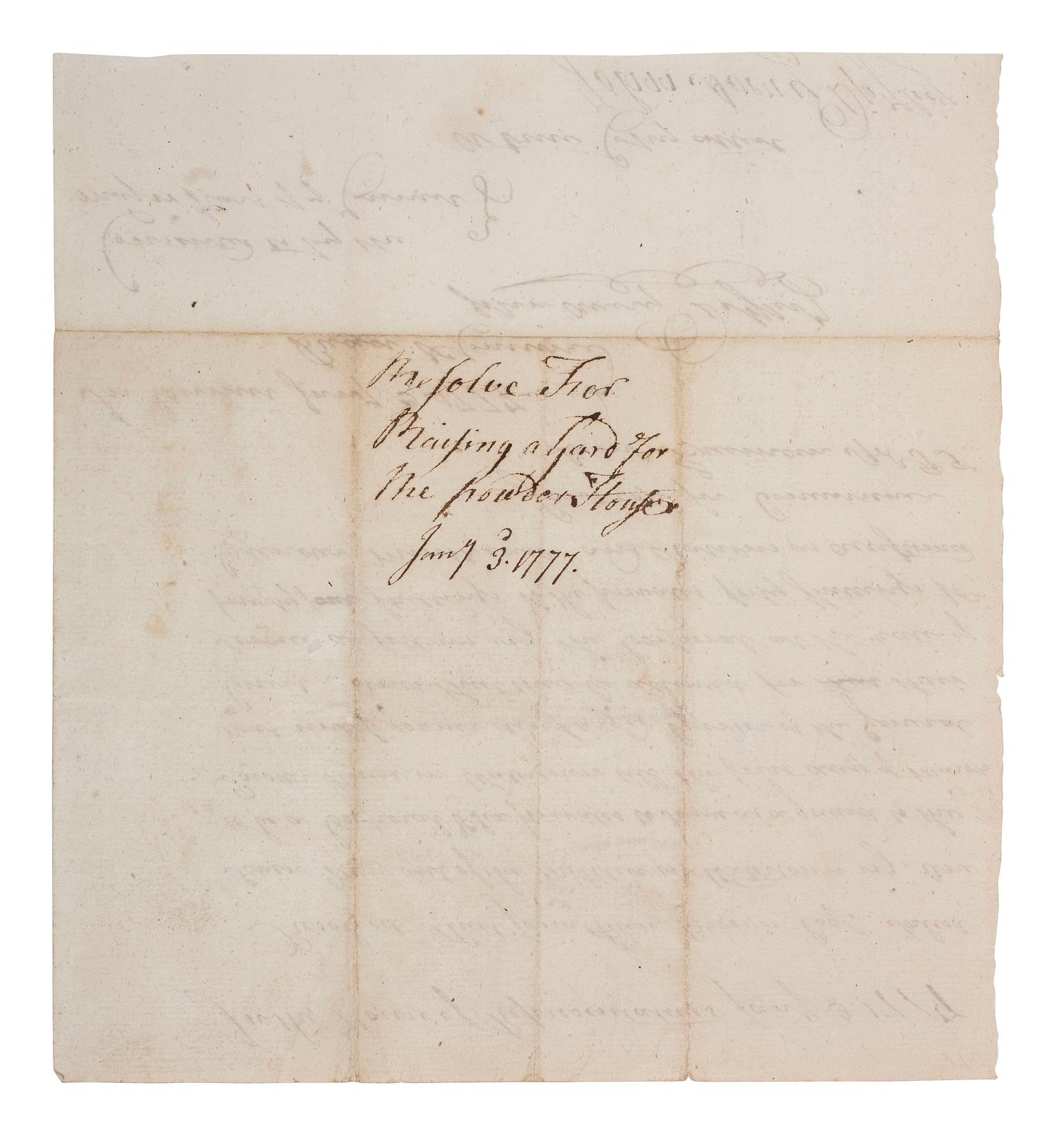 [REVOLUTIONARY WAR]. AVERY, Jr. John (1739-1806). "Resolve for Raising a Gard [ sic ] for the Powder House," signed ("John Avery Dpy Secy") as Deputy Secretary of the Province of Massachusetts. "In the House of Representatives," 3 January 1777.