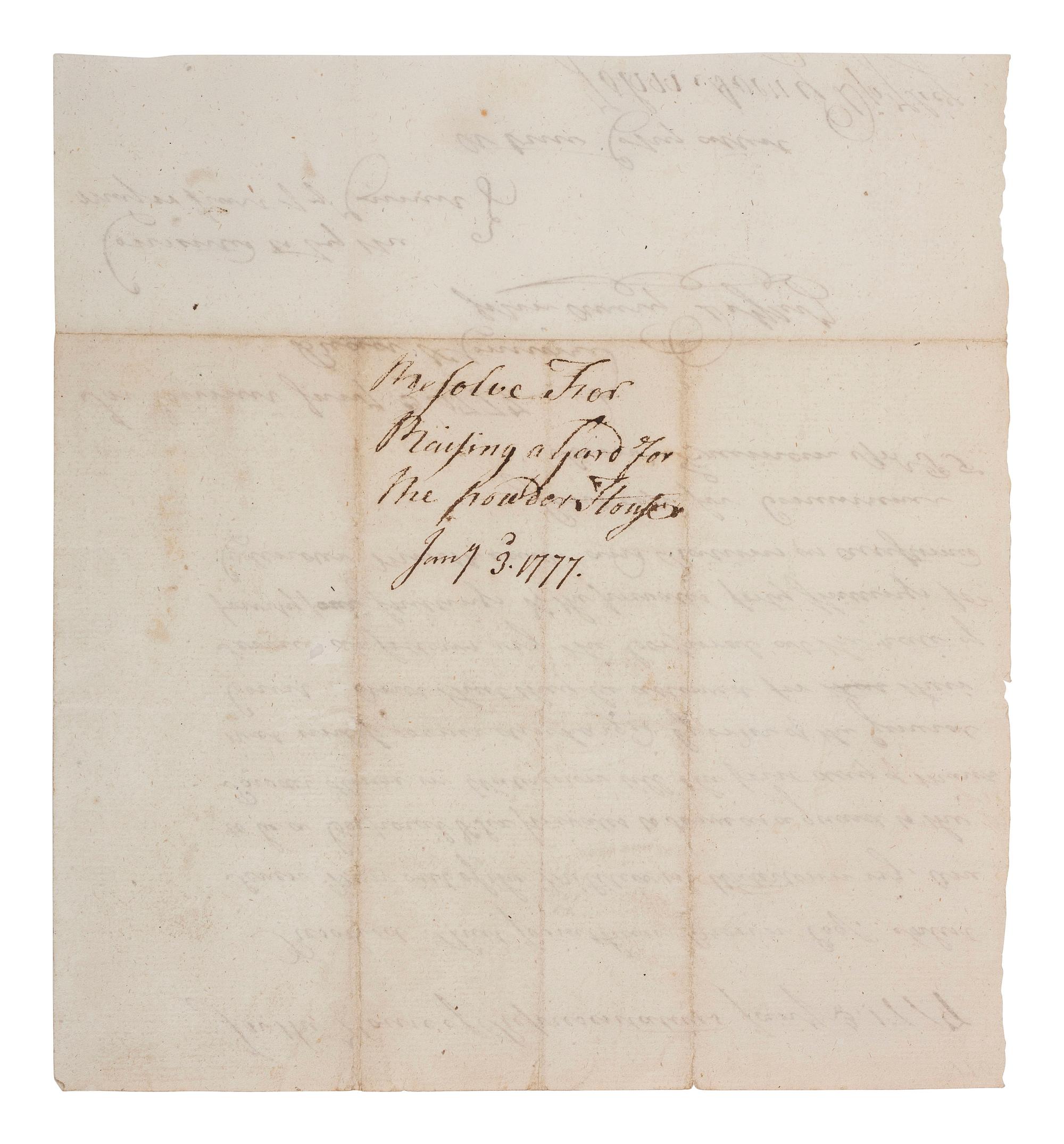 [REVOLUTIONARY WAR]. AVERY, Jr. John (1739-1806). "Resolve for Raising a Gard [ sic ] for the Powder House," signed ("John Avery Dpy Secy") as Deputy Secretary of the Province of Massachusetts. "In the House of Representatives," 3 January 1777.