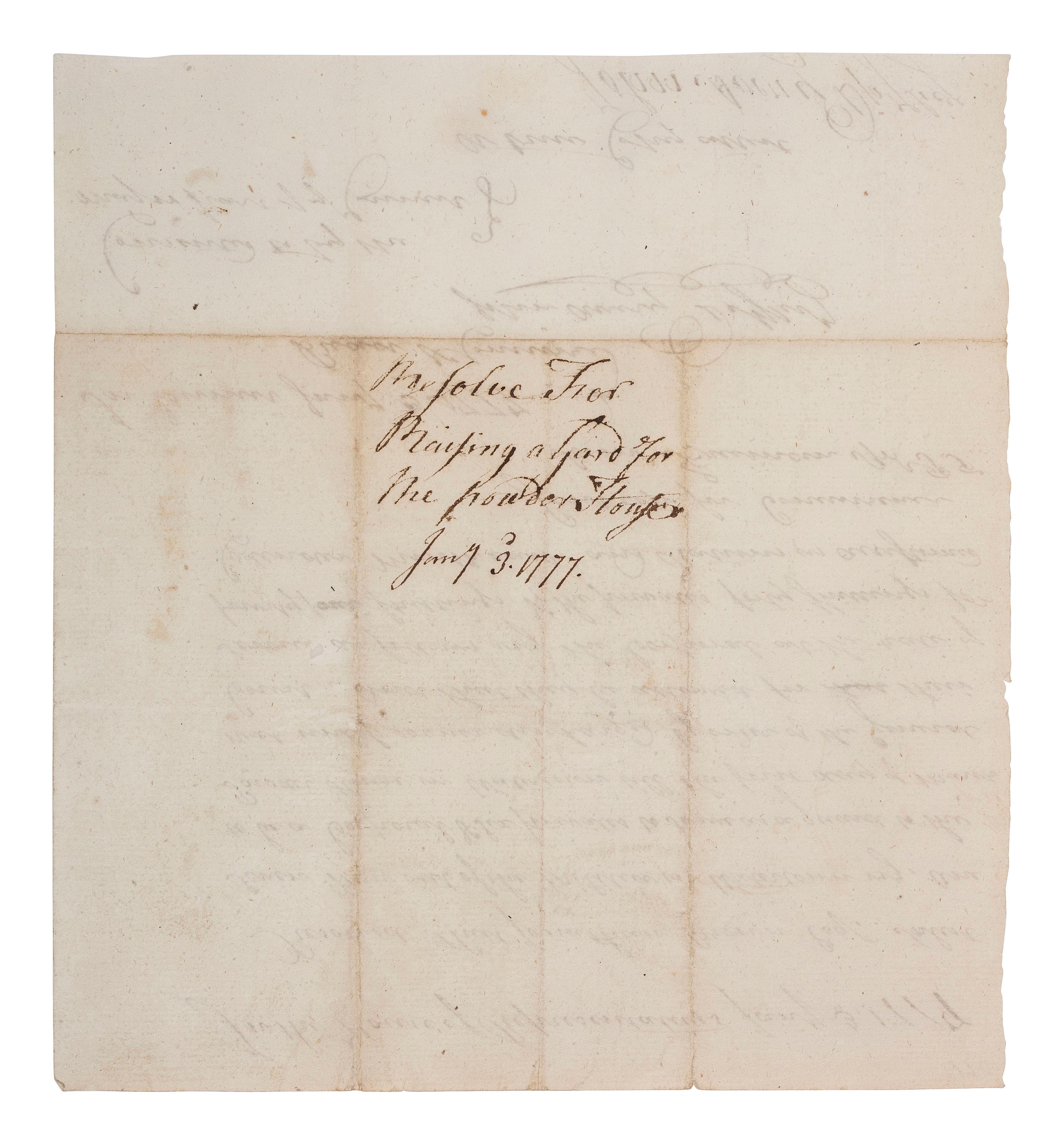 [REVOLUTIONARY WAR]. AVERY, Jr. John (1739-1806). "Resolve for Raising a Gard [ sic ] for the Powder House," signed ("John Avery Dpy Secy") as Deputy Secretary of the Province of Massachusetts. "In the House of Representatives," 3 January 1777.
