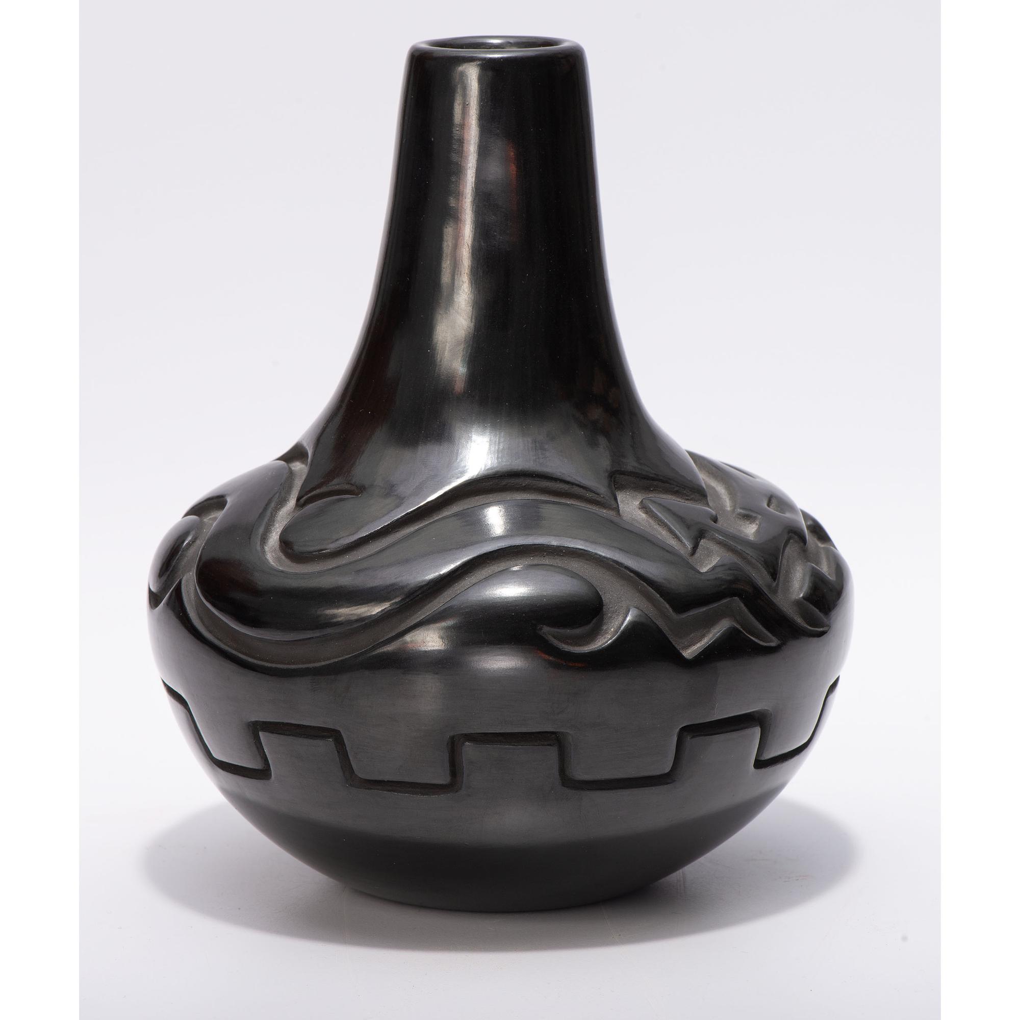 Deeply Carved Blackware Vase, with Avanyu AND Carved Blackware Jar