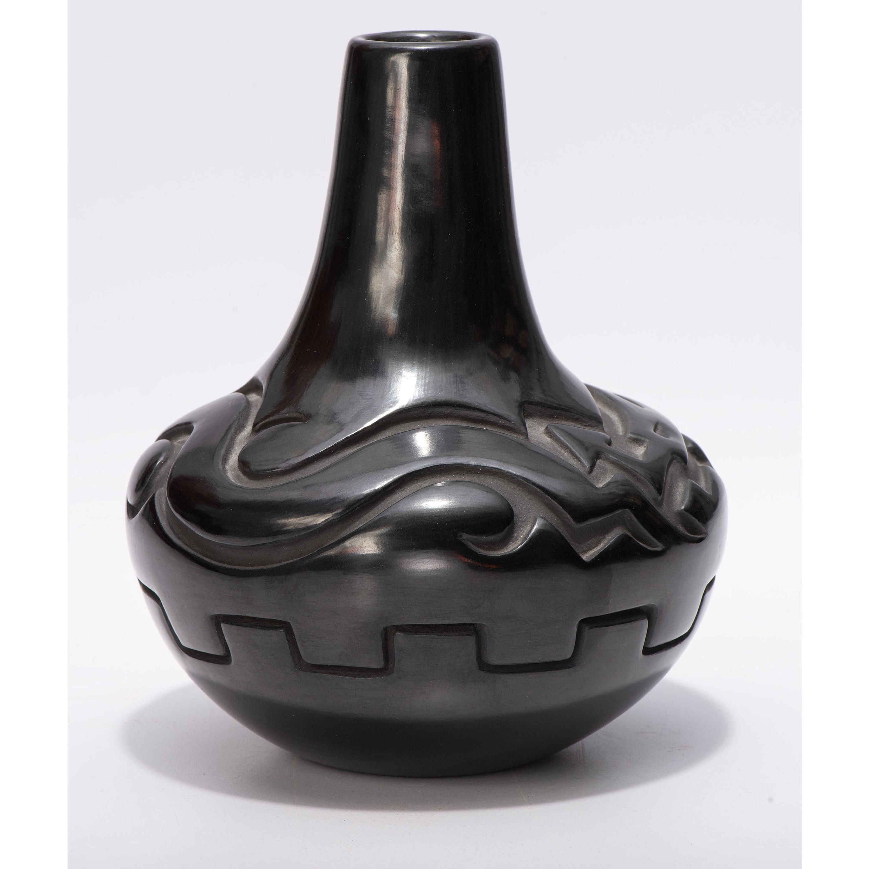 Deeply Carved Blackware Vase, with Avanyu AND Carved Blackware Jar