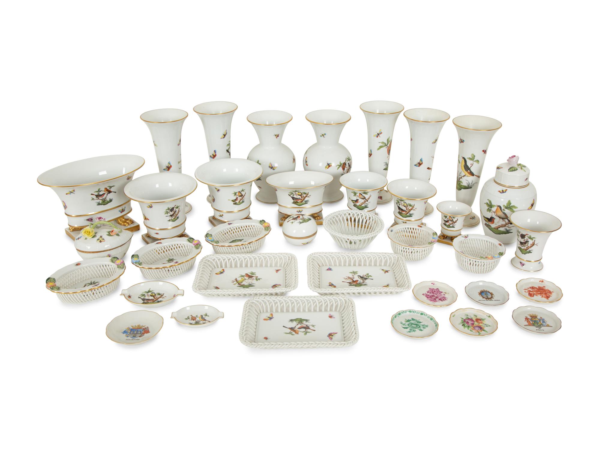 An Extensive Group of Herend Rothschild Bird Porcelain Table Articles