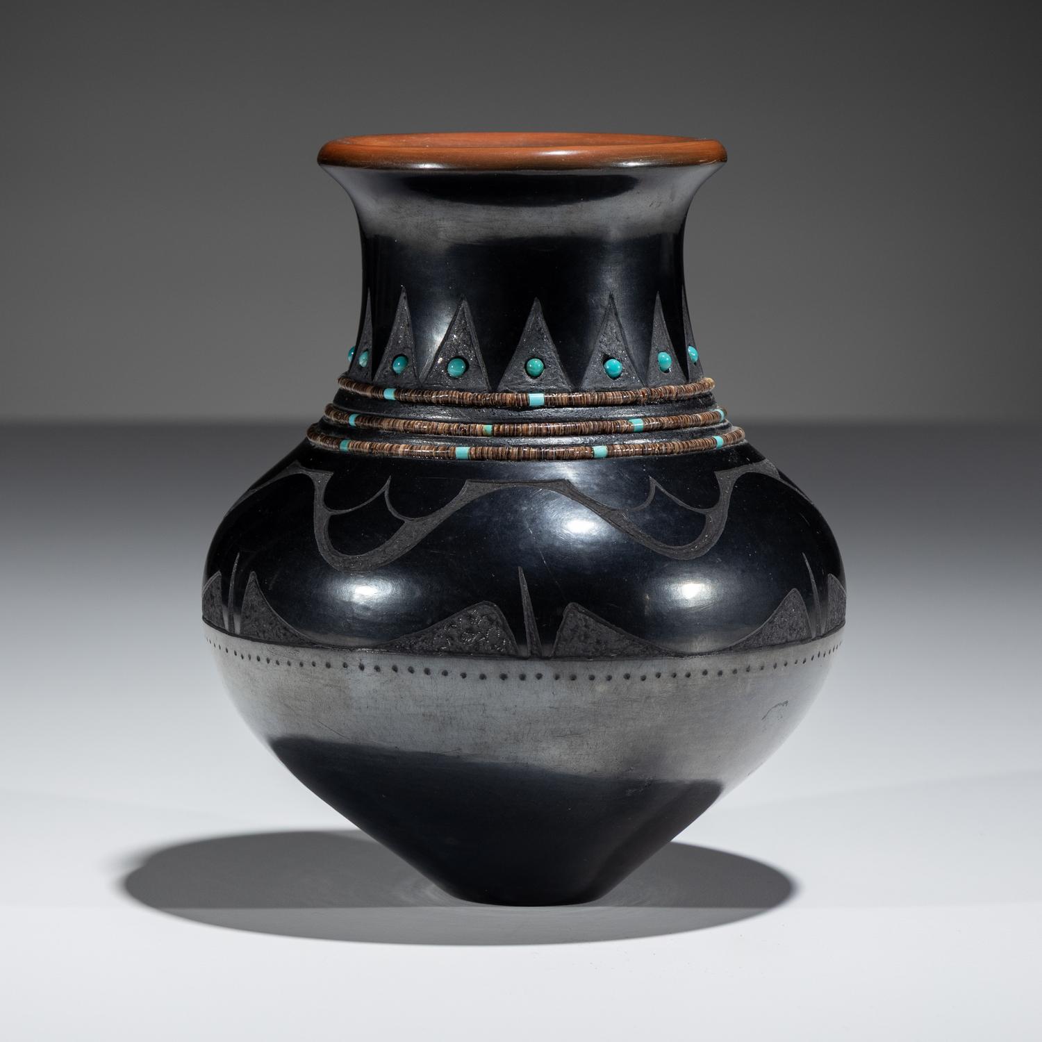 Black and Sienna Sgraffito Pottery Vase, with Heishi and Turquoise Beads