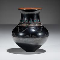 Black and Sienna Sgraffito Pottery Vase, with Heishi and Turquoise Beads