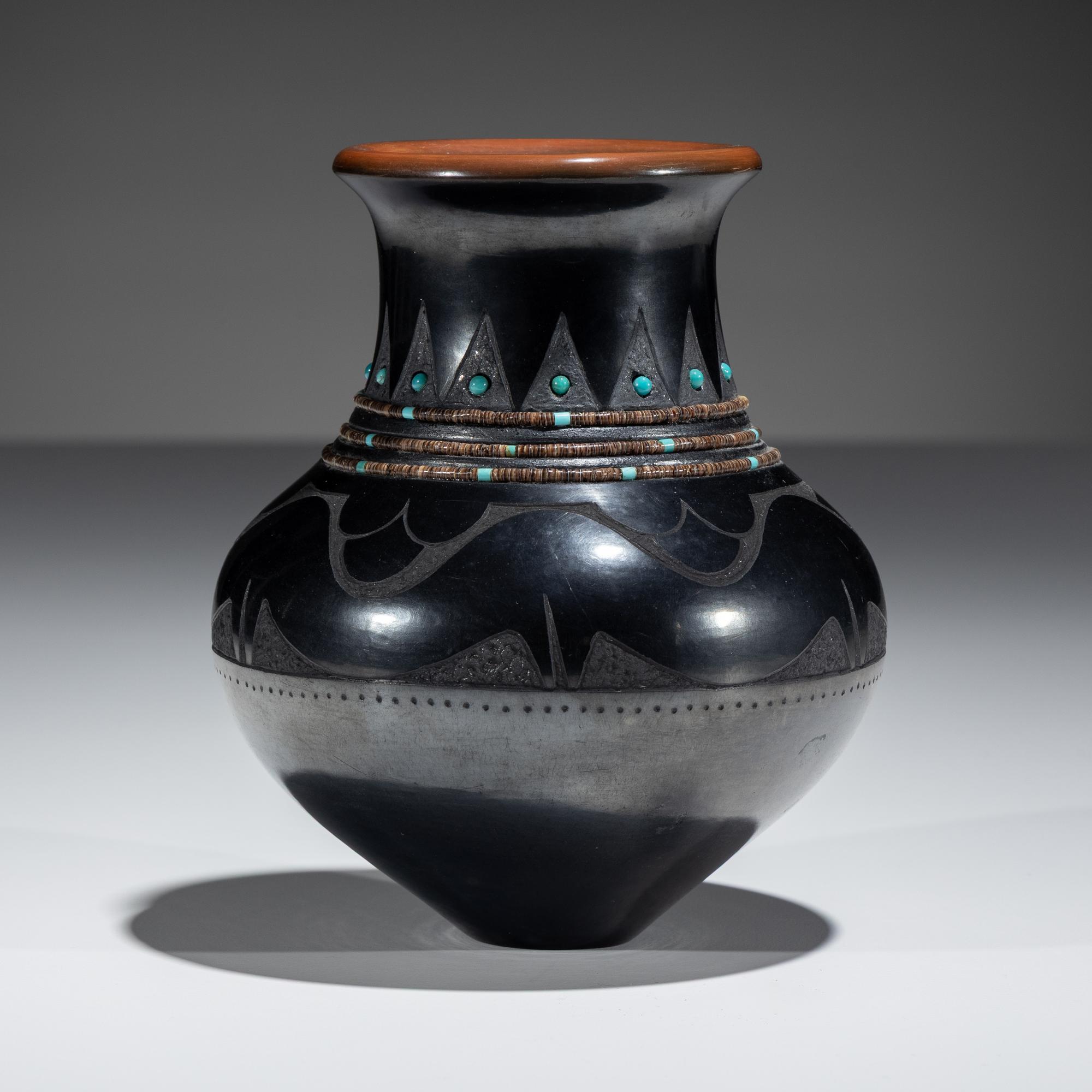 Black and Sienna Sgraffito Pottery Vase, with Heishi and Turquoise Beads