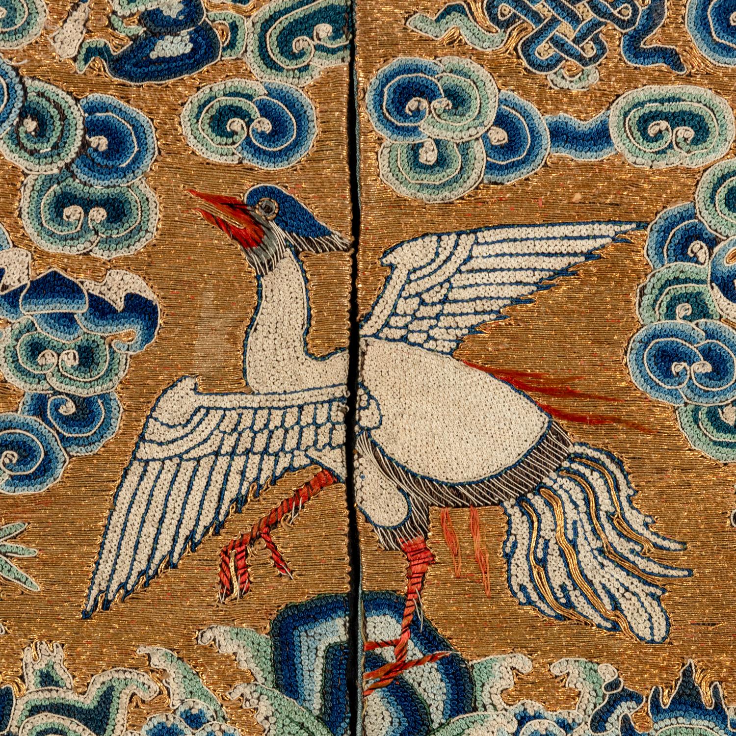 Three Chinese Silk Civil Official's Rank Badges, Buzi, 19th Century 清中晚期 刺綉文官補子三幅