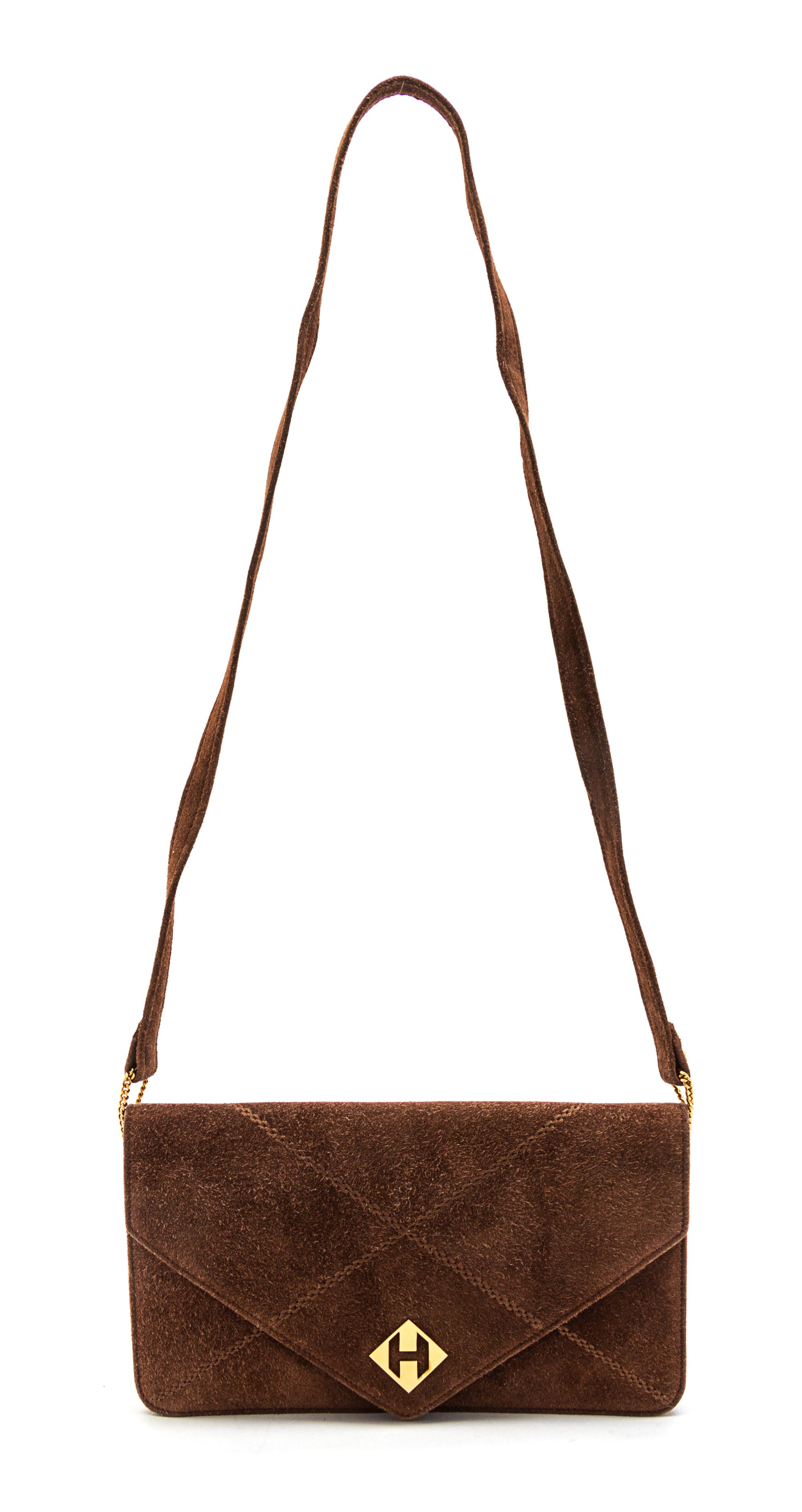 An Hermes Brown Suede Versailles Bag, 8 1/2 x 5 x 1 inches.