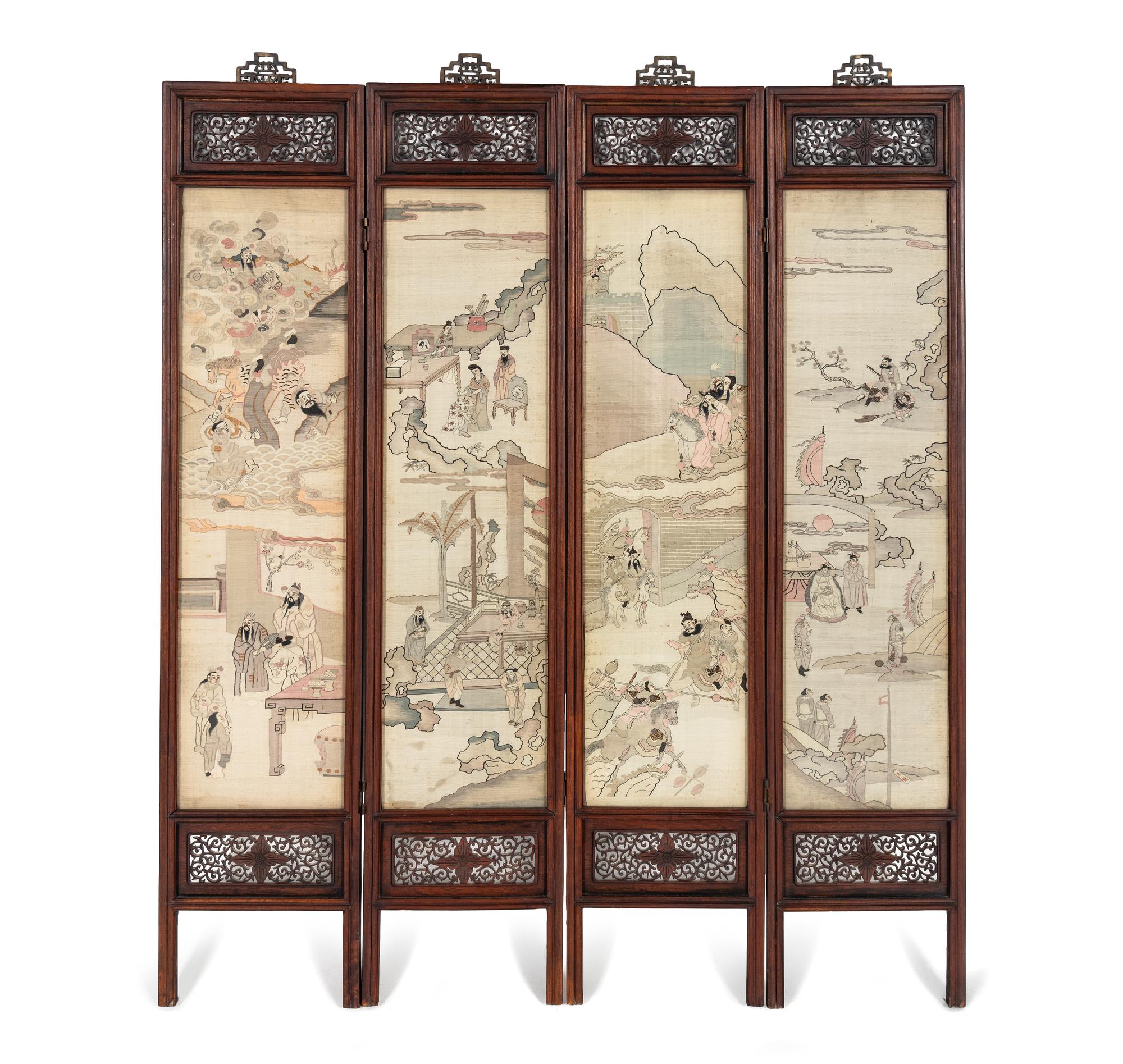 A Chinese Four-Fold Kesi Woven Silk Inset Hardwood Floor Screen, Late Qing/Republic Period 晚清/民國 紅木嵌緙絲人物故事圖四條屏