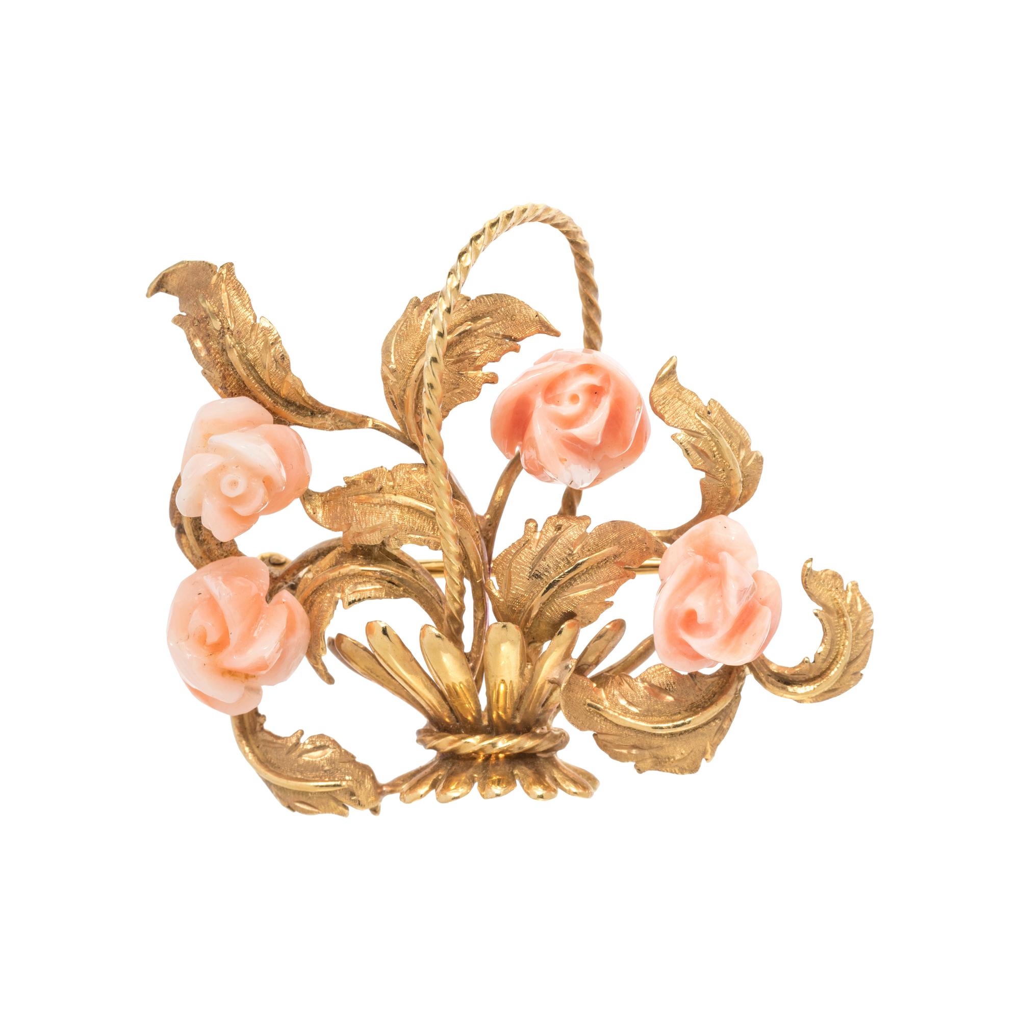 YELLOW GOLD AND CORAL BROOCH