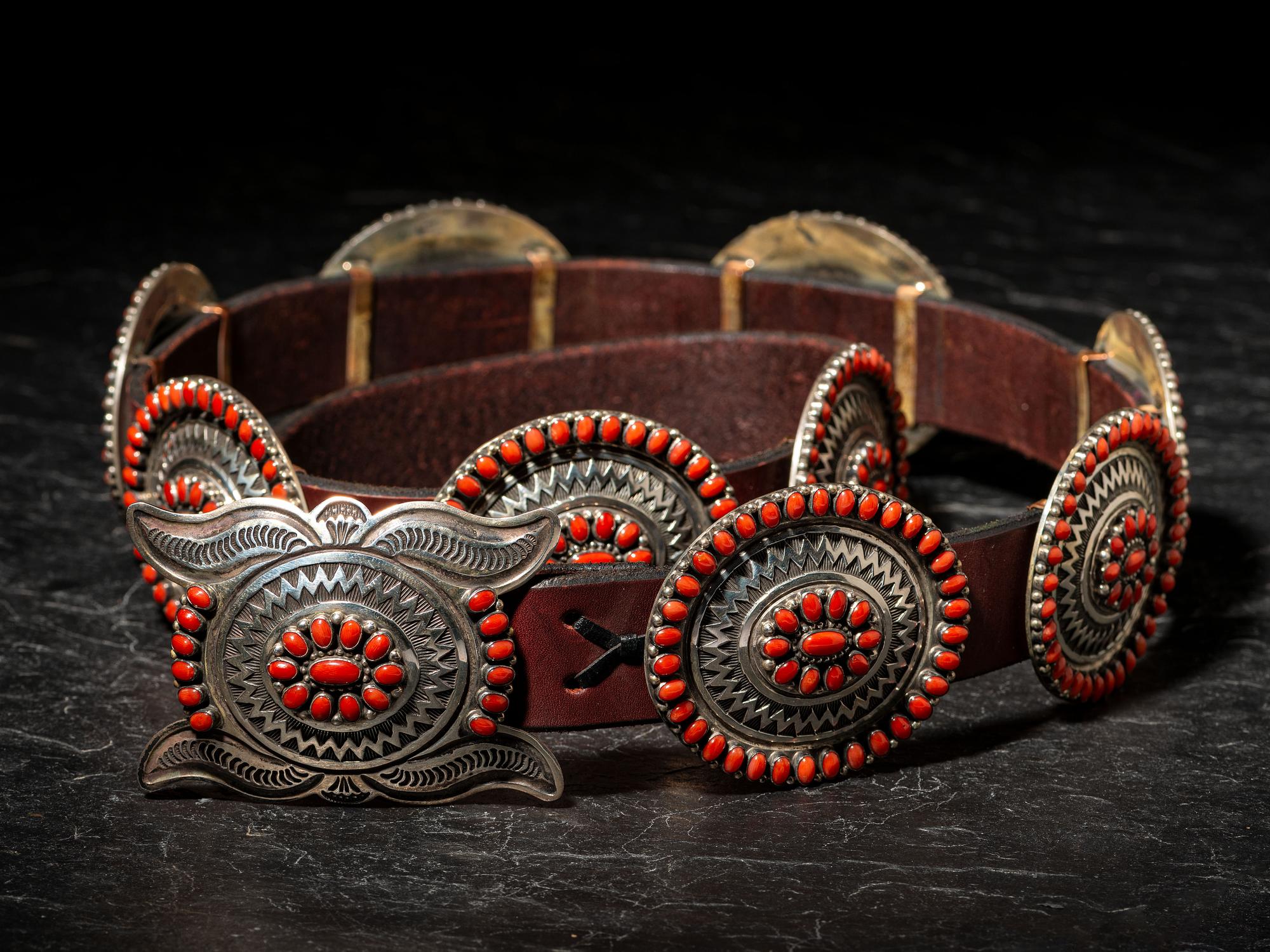 Sterling Silver and Coral Cluster Concha Belt