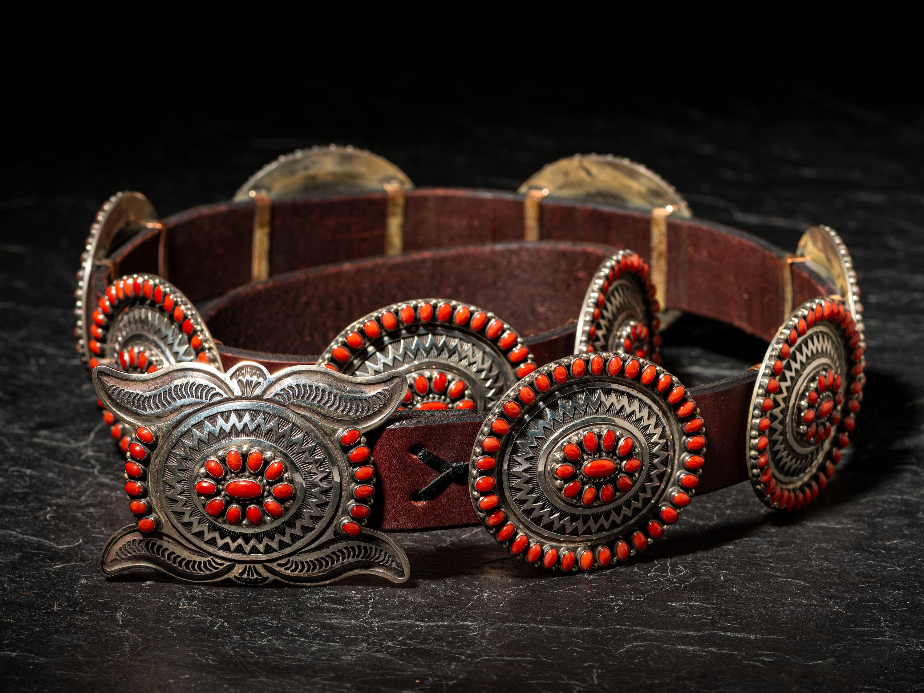 Sterling Silver and Coral Cluster Concha Belt