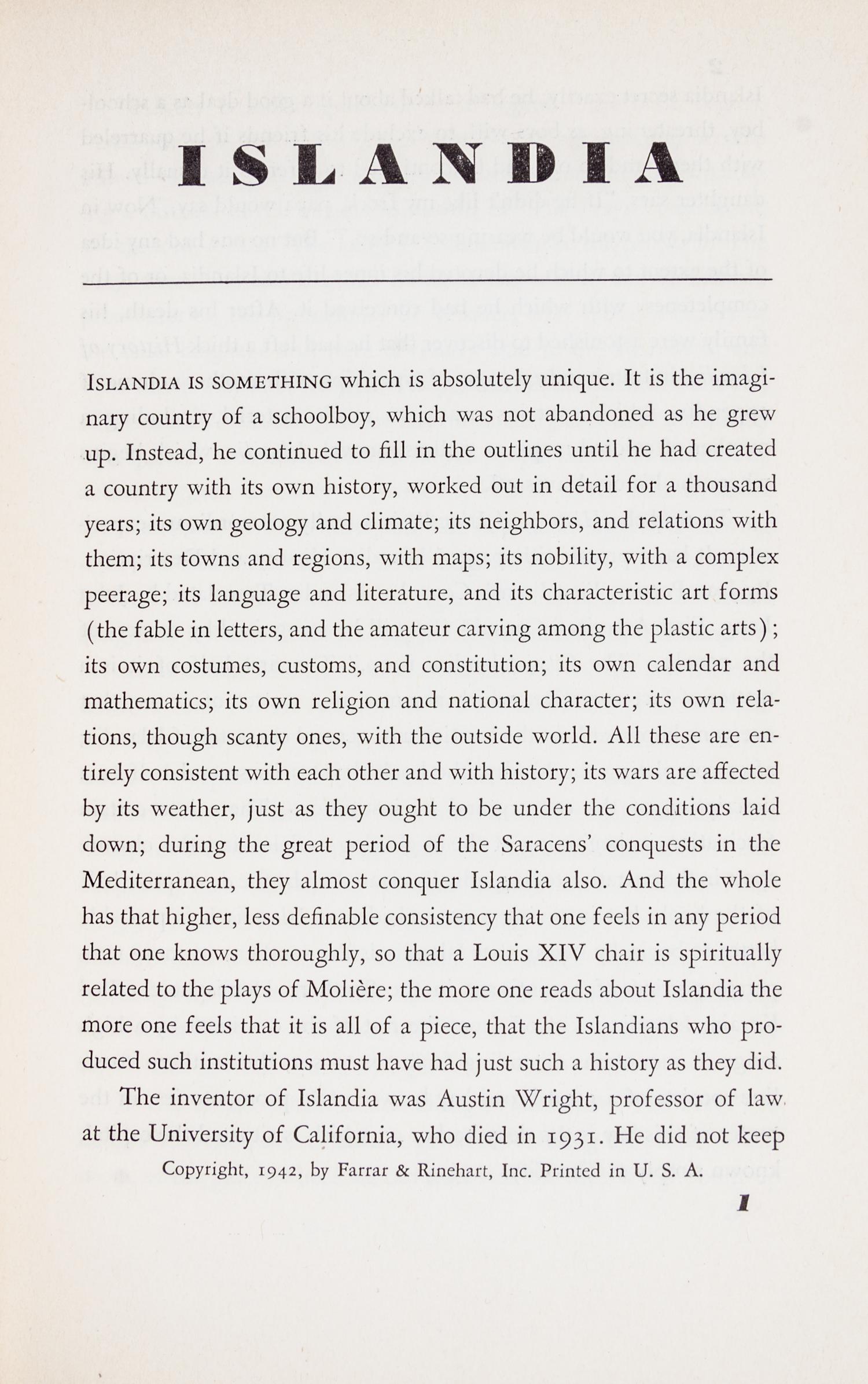 WRIGHT, AUSTIN TAPPAN. Islandia. New York, 1942. With 1 other.