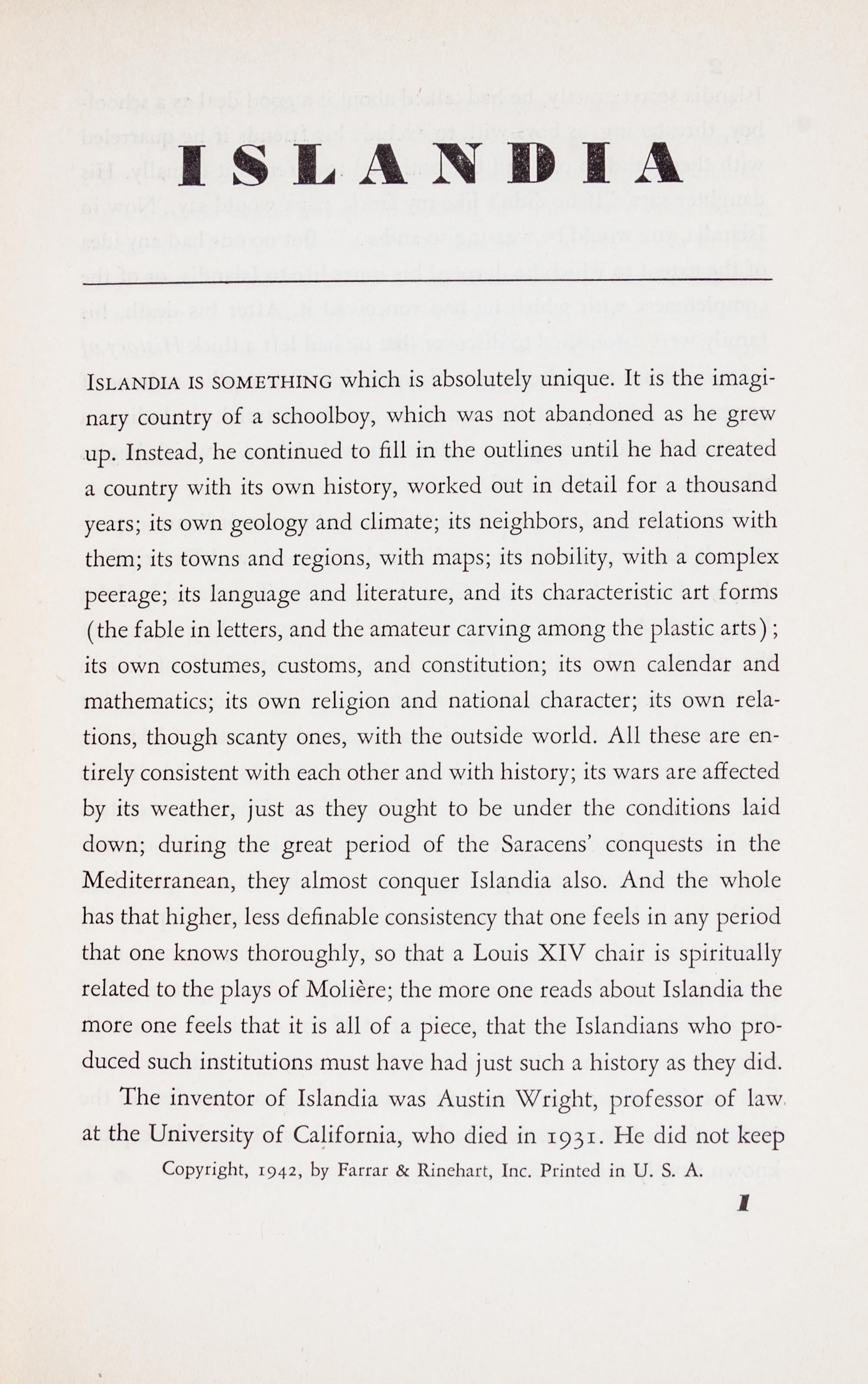 WRIGHT, AUSTIN TAPPAN. Islandia. New York, 1942. With 1 other.
