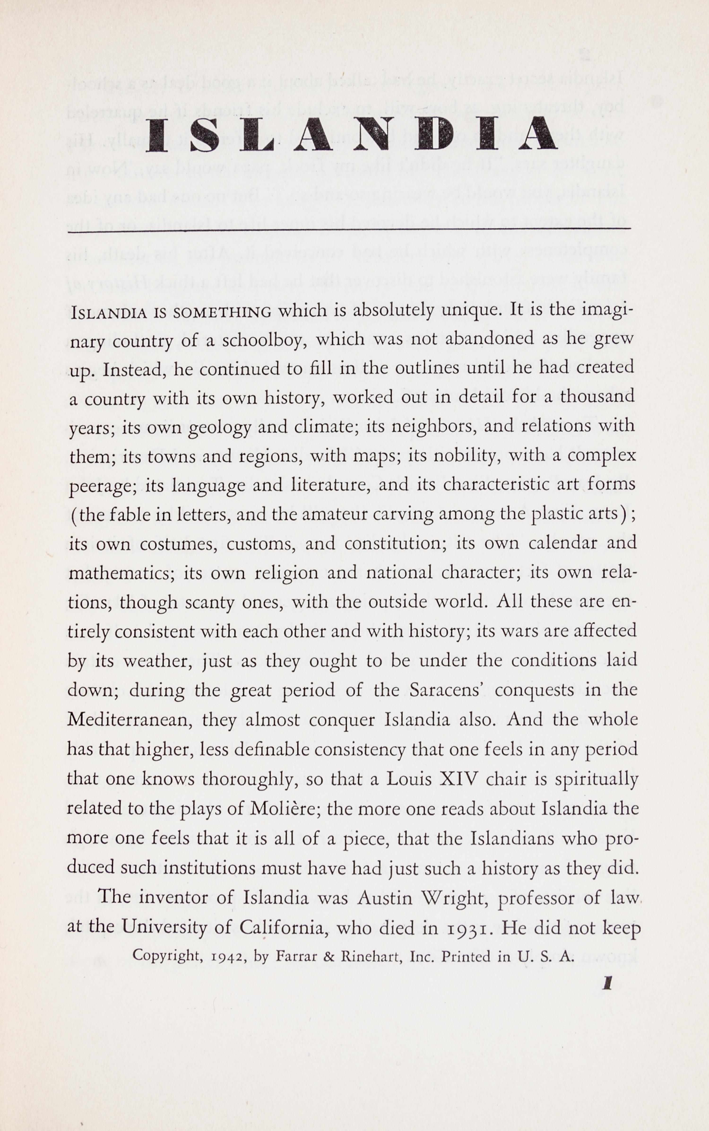 WRIGHT, AUSTIN TAPPAN. Islandia. New York, 1942. With 1 other.