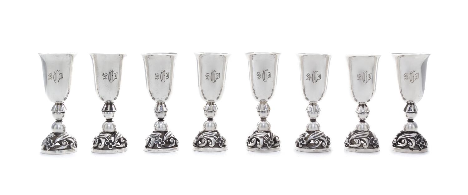 A Set of Eight American Silver Cordials, Alphonse LaPaglia for International Silver Co., Meriden, CT, Circa 1950, with etched monogram