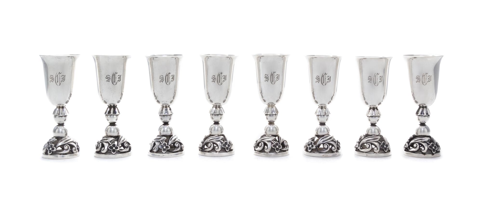 A Set of Eight American Silver Cordials, Alphonse LaPaglia for International Silver Co., Meriden, CT, Circa 1950, with etched monogram