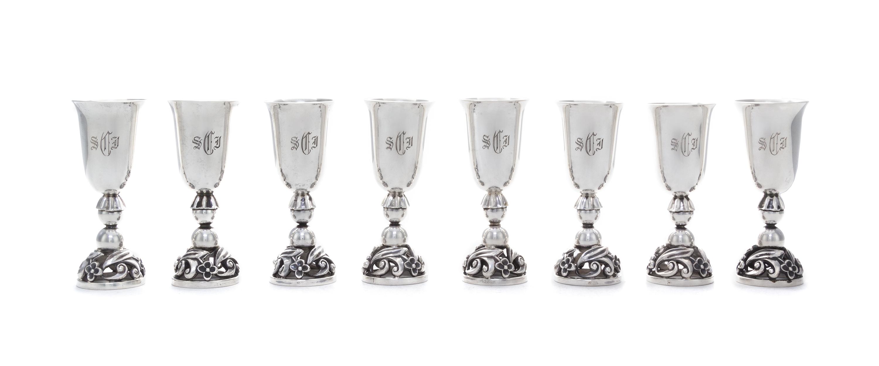 A Set of Eight American Silver Cordials, Alphonse LaPaglia for International Silver Co., Meriden, CT, Circa 1950, with etched monogram