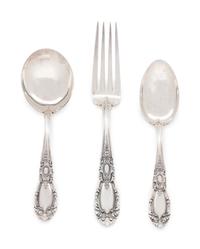 King Richard pattern, comprising: 5 butter spreaders with stainless steel blades 12 dinner forks 12 salad forks 1 meat fork 1 lemon fork 1 pickle fork 2 serving spoons 24 teaspoons 12 soup spoons 1 fruit spoon 12 iced tea spoons 2 youth forks 85 pieces total.