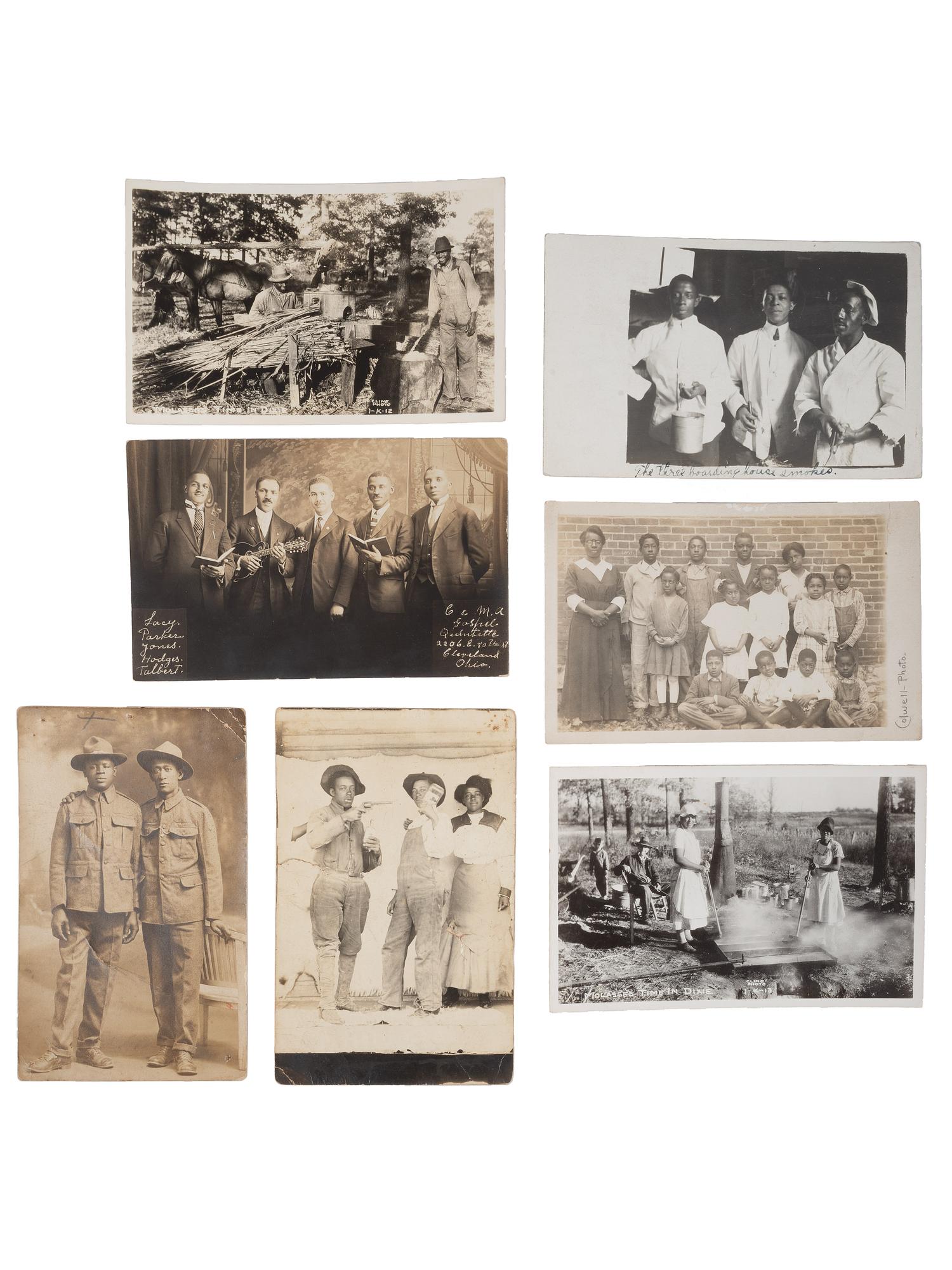 [EARLY PHOTOGRAPHY]. A group of 8 real photo postcards featuring African American subjects, including: