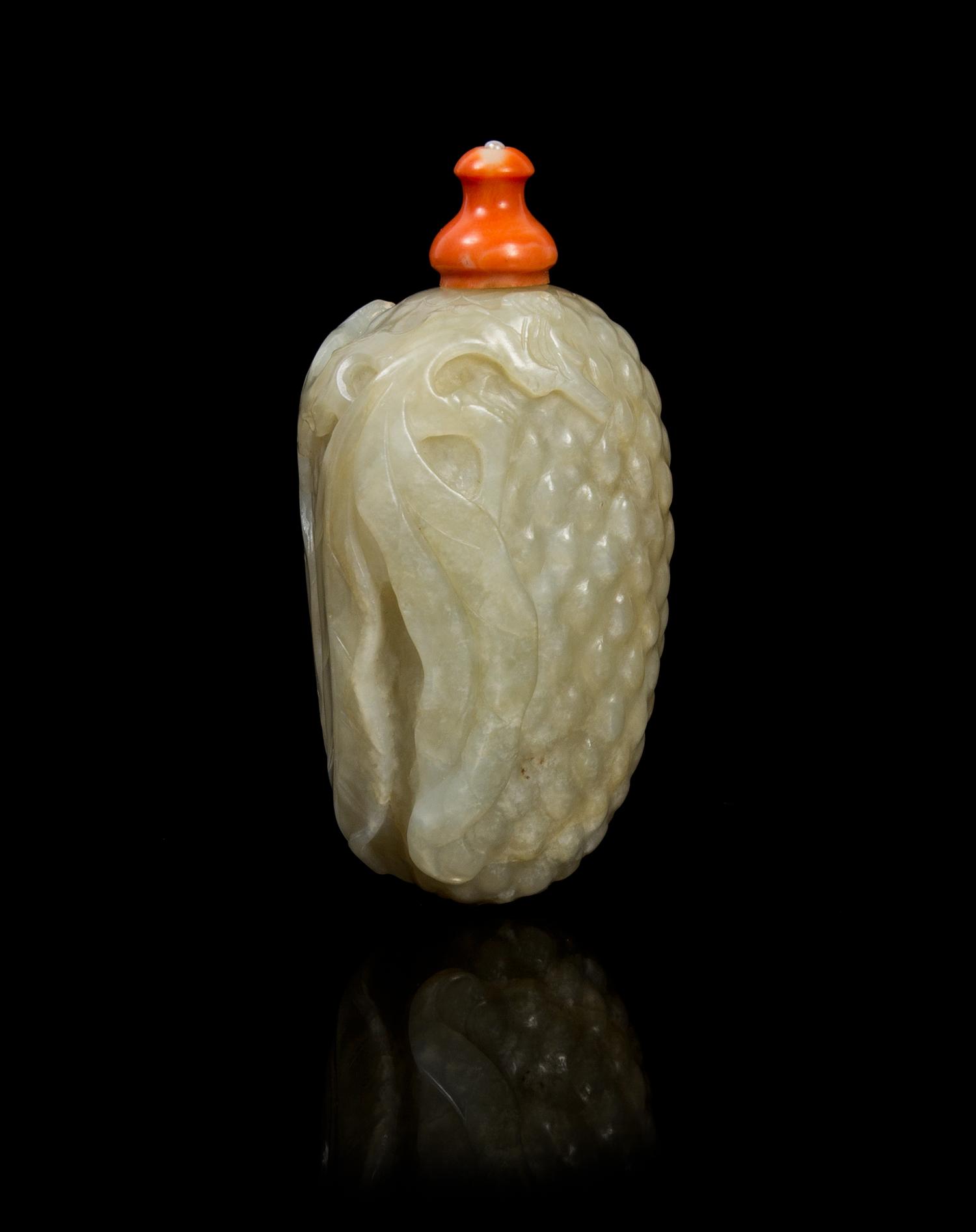 A Chinese Carved Jade Snuff Bottle 18TH CENTURY Height 3 inches. — 18TH CENTURY