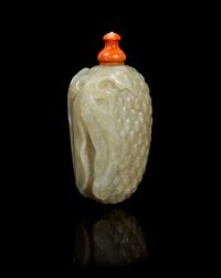 A Chinese Carved Jade Snuff Bottle 18TH CENTURY Height 3 inches. — 18TH CENTURY