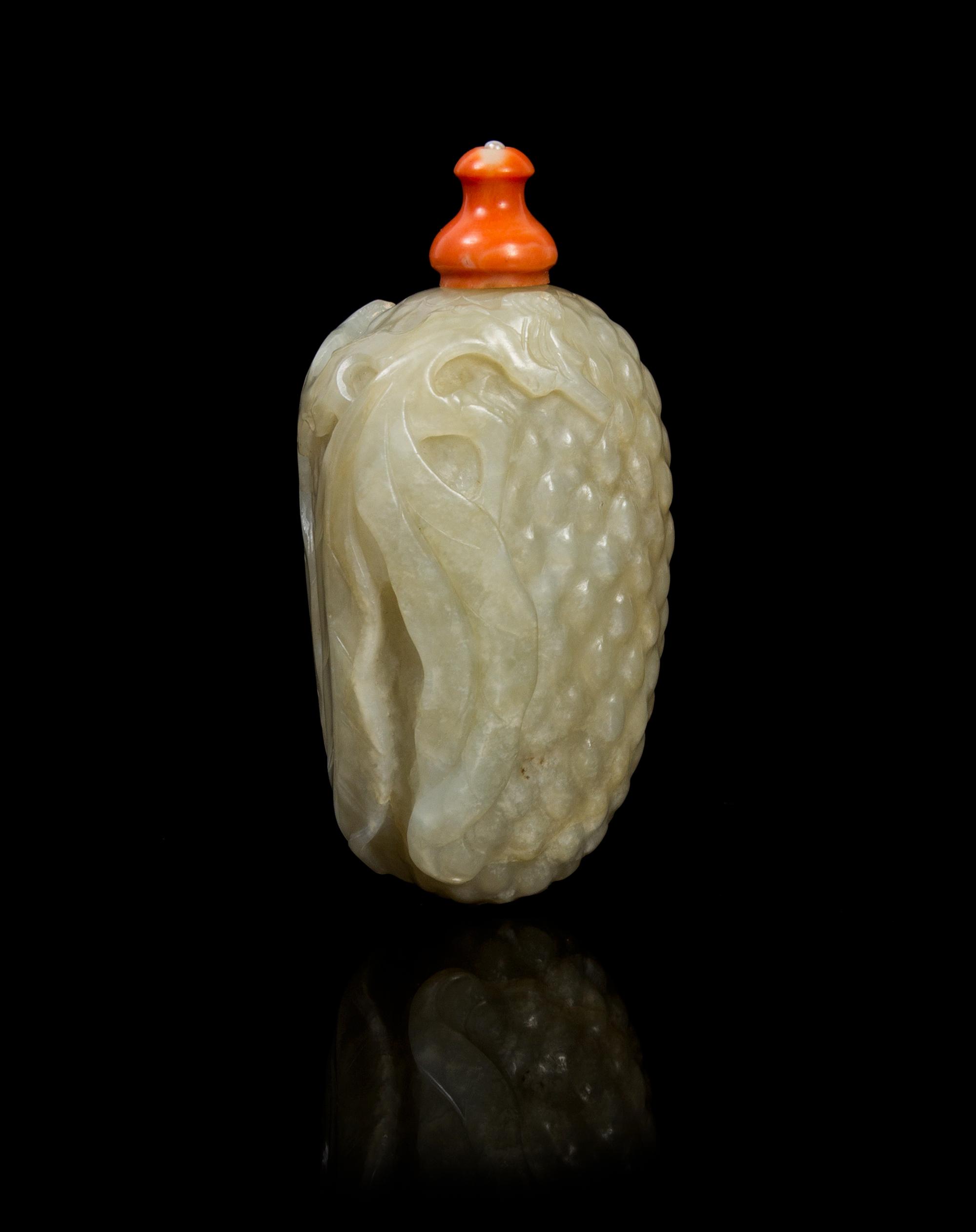 A Chinese Carved Jade Snuff Bottle 18TH CENTURY Height 3 inches. — 18TH CENTURY