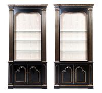A Pair of Neoclassical Painted and Parcel Gilt Cabinets, Height 97 x width 46 x depth 12 5/8 inches.
