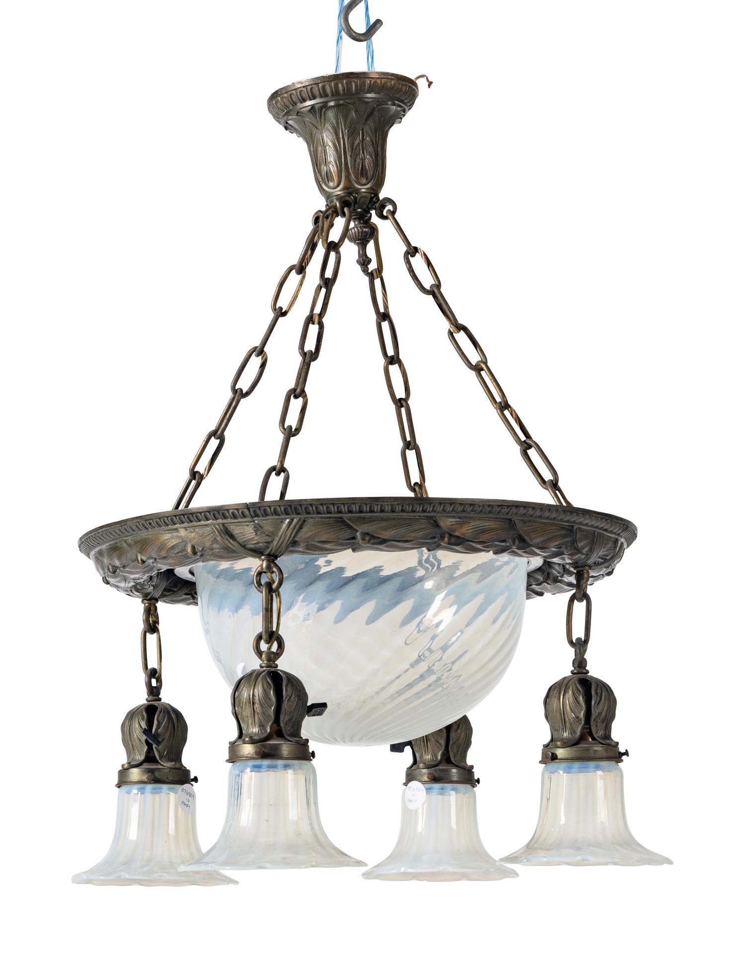 A Hammered Metal and Opalescent Glass Chandelier