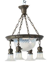 A Hammered Metal and Opalescent Glass Chandelier
