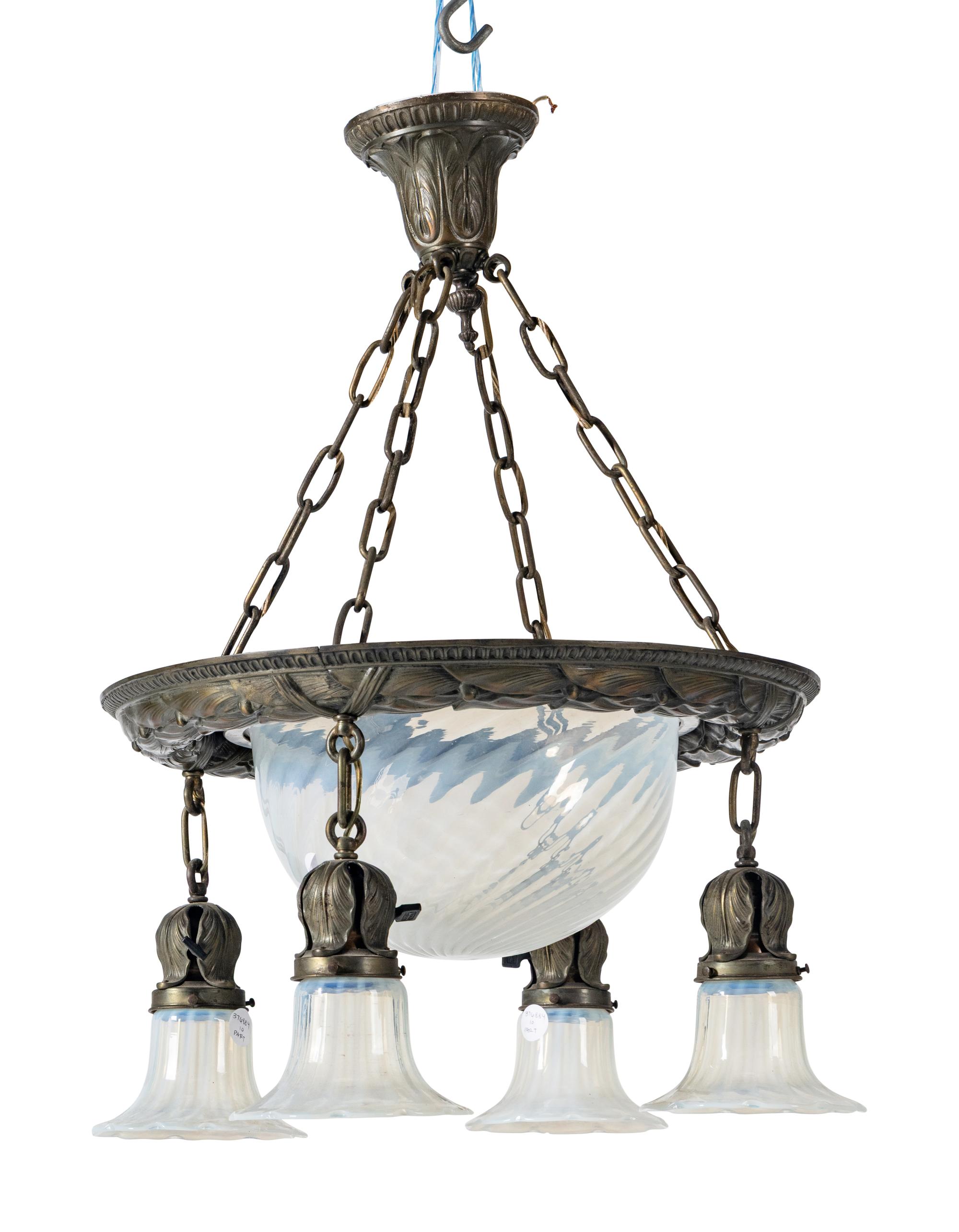 A Hammered Metal and Opalescent Glass Chandelier