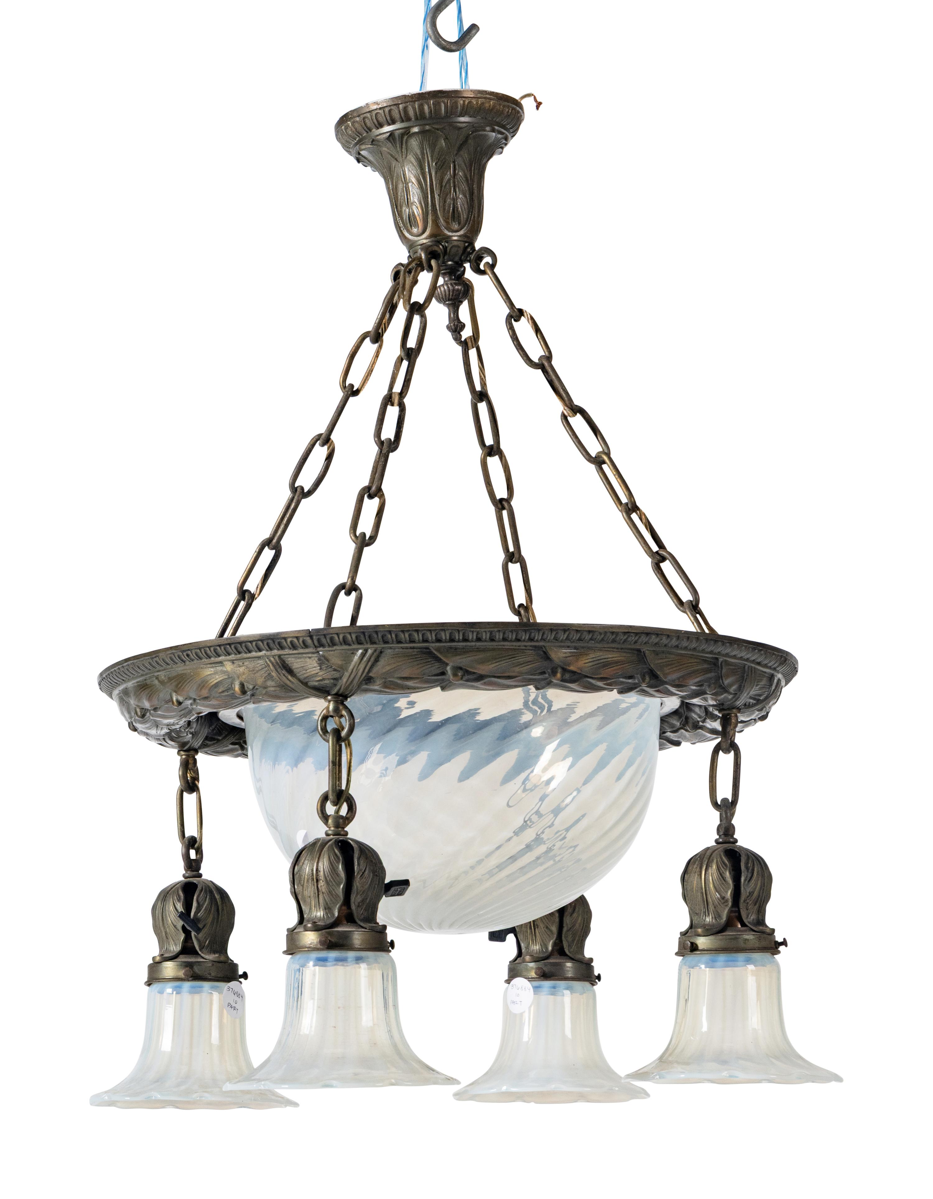 A Hammered Metal and Opalescent Glass Chandelier