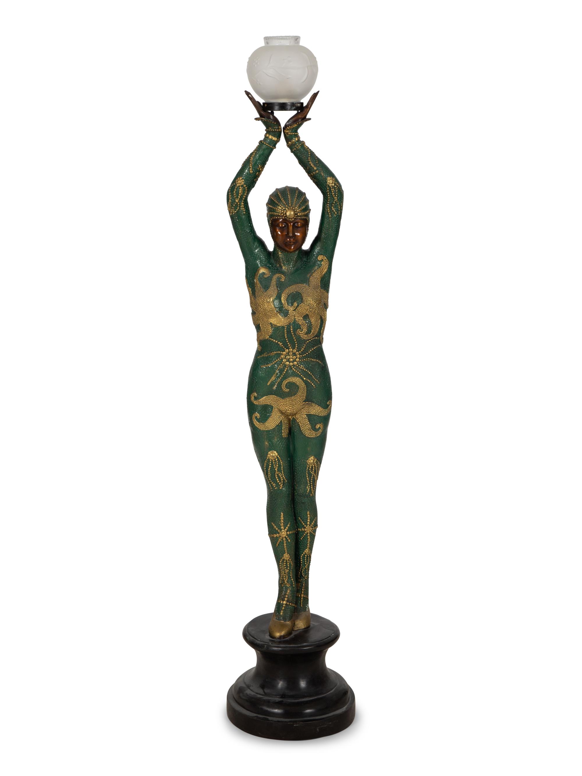 A Polychromed Metal Figural Floor Lamp in the Style of Chiparus