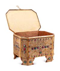 A Ruby and Emerald-Mounted Silvered and Gilt Filigree Table Casket