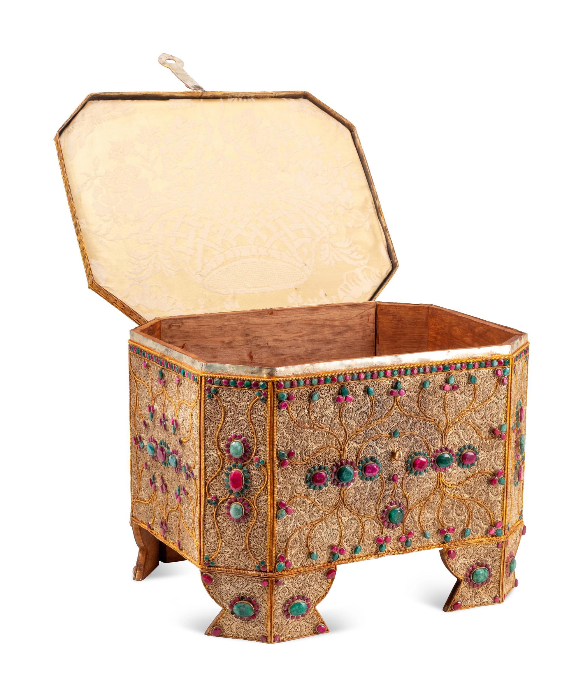 A Ruby and Emerald-Mounted Silvered and Gilt Filigree Table Casket