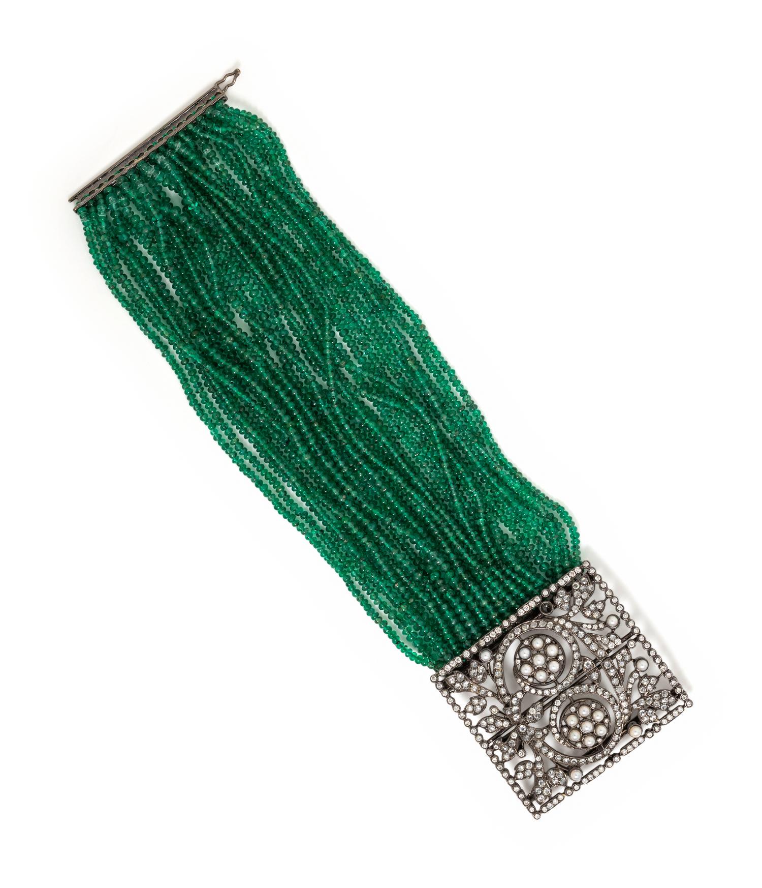 HOUSE OF TAYLOR, EMERALD, DIAMOND AND CULTURED PEARL MULTISTRAND BRACELET