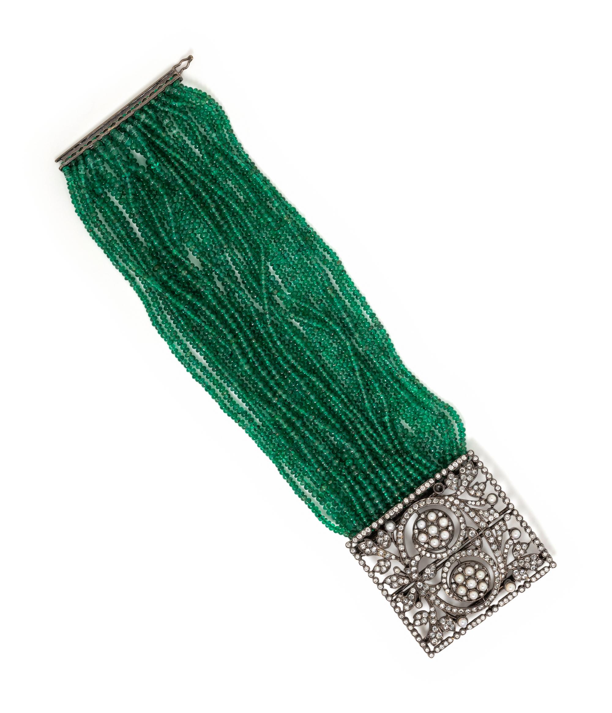 HOUSE OF TAYLOR, EMERALD, DIAMOND AND CULTURED PEARL MULTISTRAND BRACELET