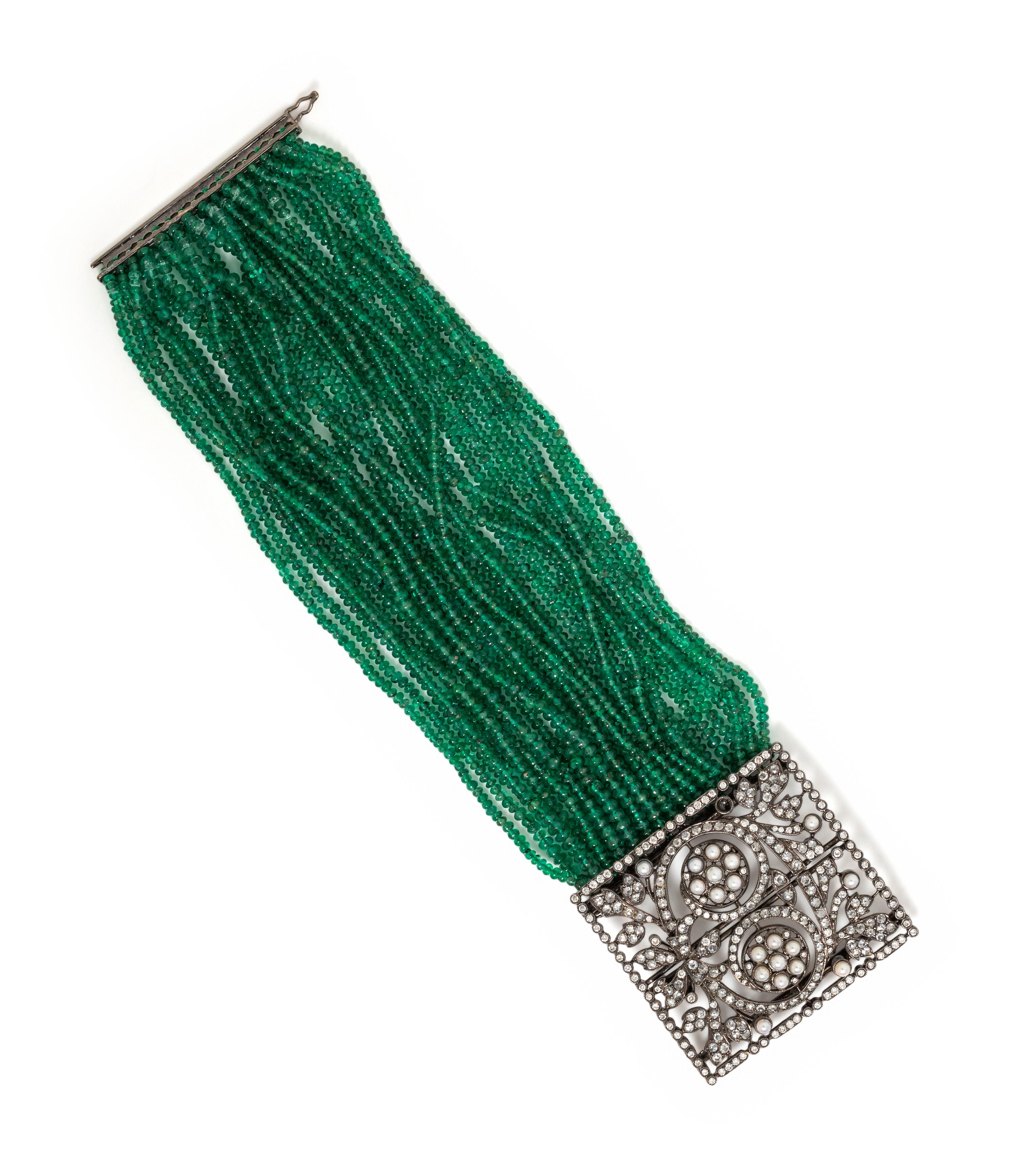 HOUSE OF TAYLOR, EMERALD, DIAMOND AND CULTURED PEARL MULTISTRAND BRACELET