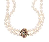 TWO CULTURED PEARL NECKLACES WITH GEMSTONE CLASPS
