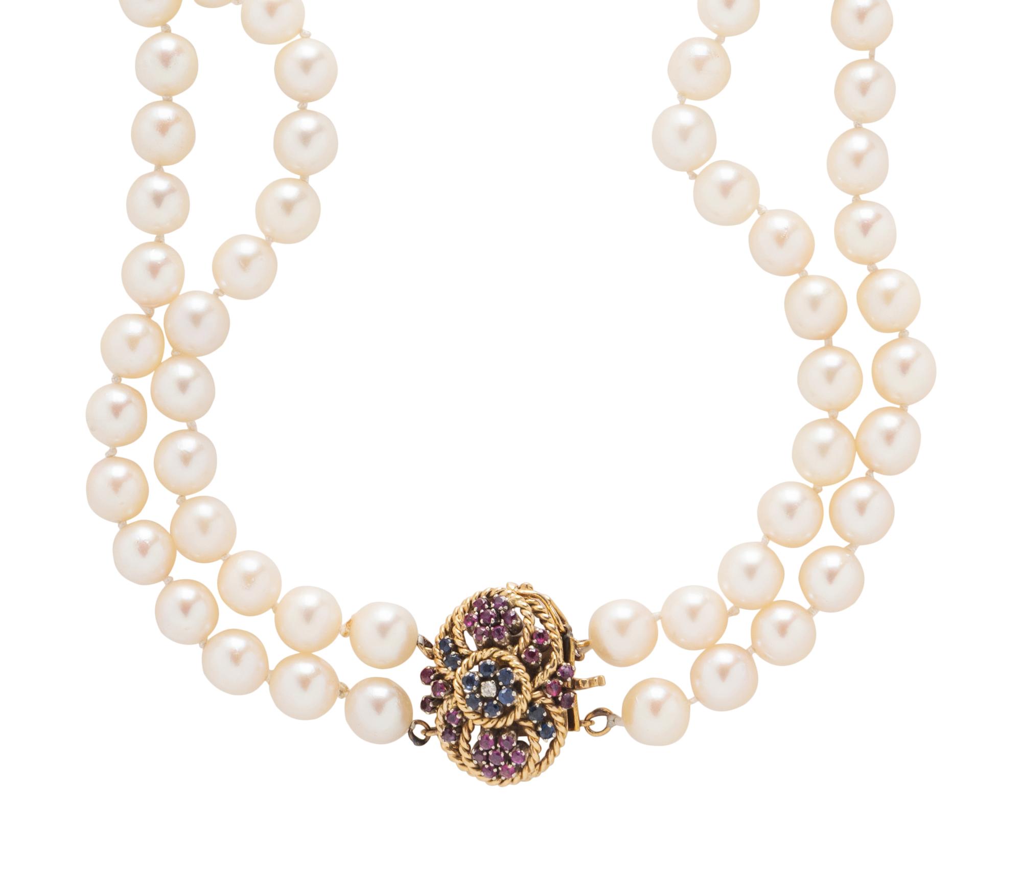 TWO CULTURED PEARL NECKLACES WITH GEMSTONE CLASPS