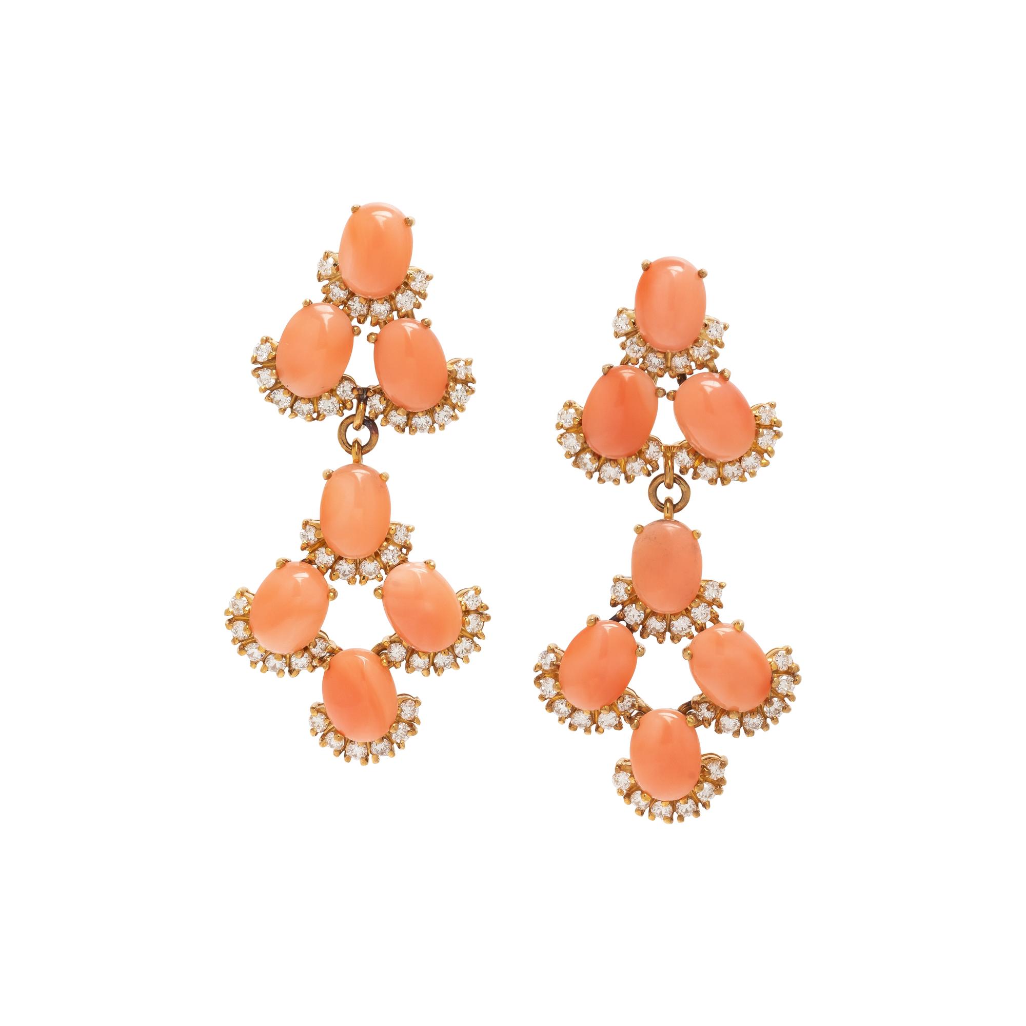 CORAL AND DIAMOND PENDANT EARRINGS