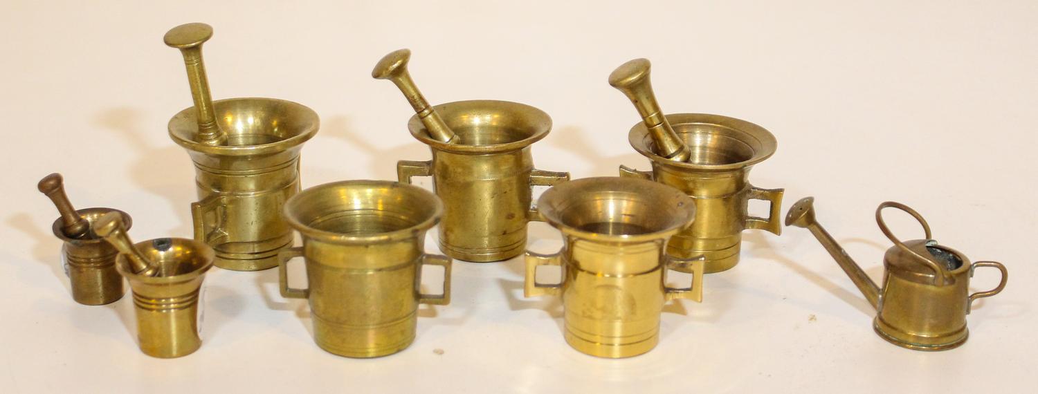 Eight Brass Diminutive Articles. Height of tallest 2 inches.