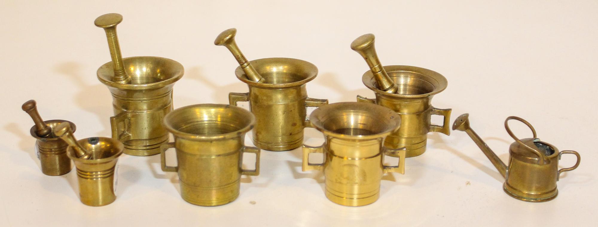Eight Brass Diminutive Articles. Height of tallest 2 inches.