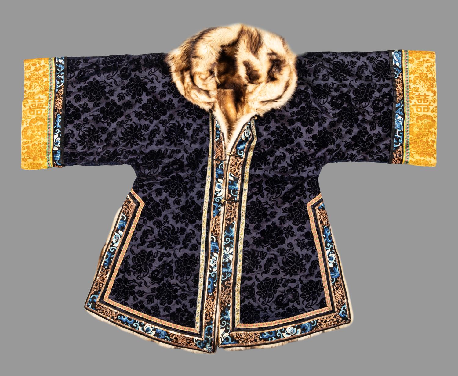 A Navy Blue Ground Cut Velvet, Embroidered Silk and Fur-Lined Lady's Robe
