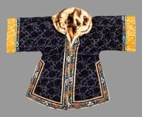 A Navy Blue Ground Cut Velvet, Embroidered Silk and Fur-Lined Lady's Robe
