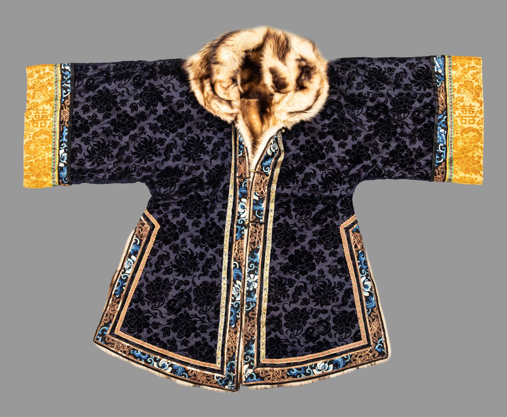 A Navy Blue Ground Cut Velvet, Embroidered Silk and Fur-Lined Lady's Robe