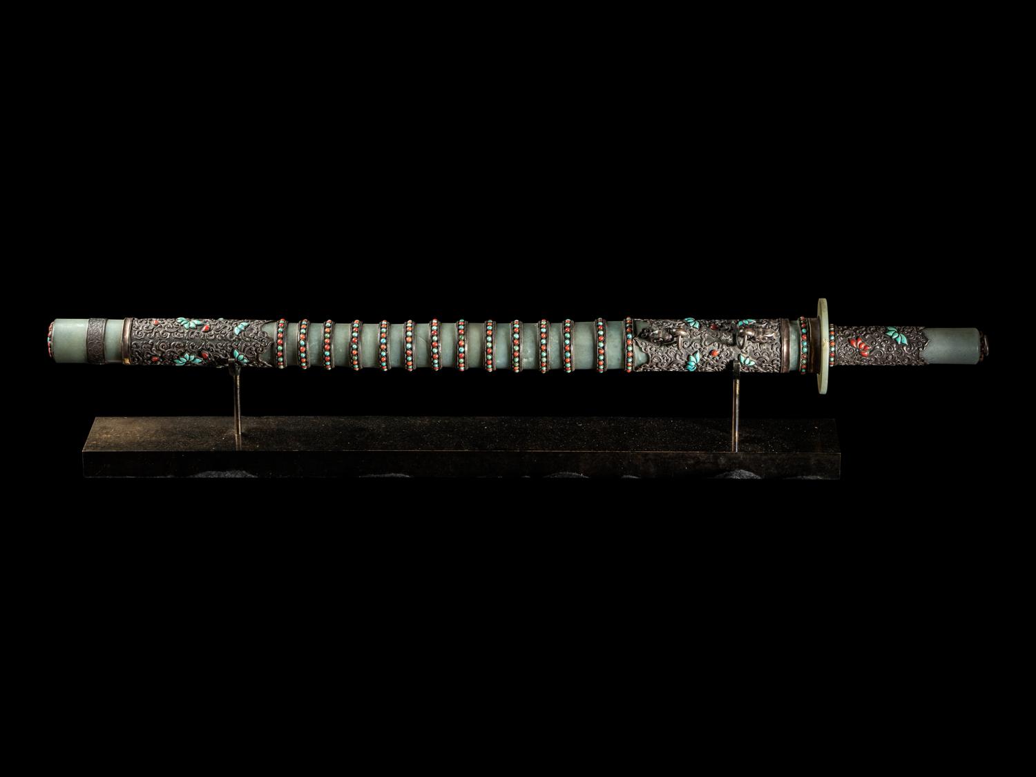 A Nepalese Coral, Jade Turquoise Inset Silver Jade Sword