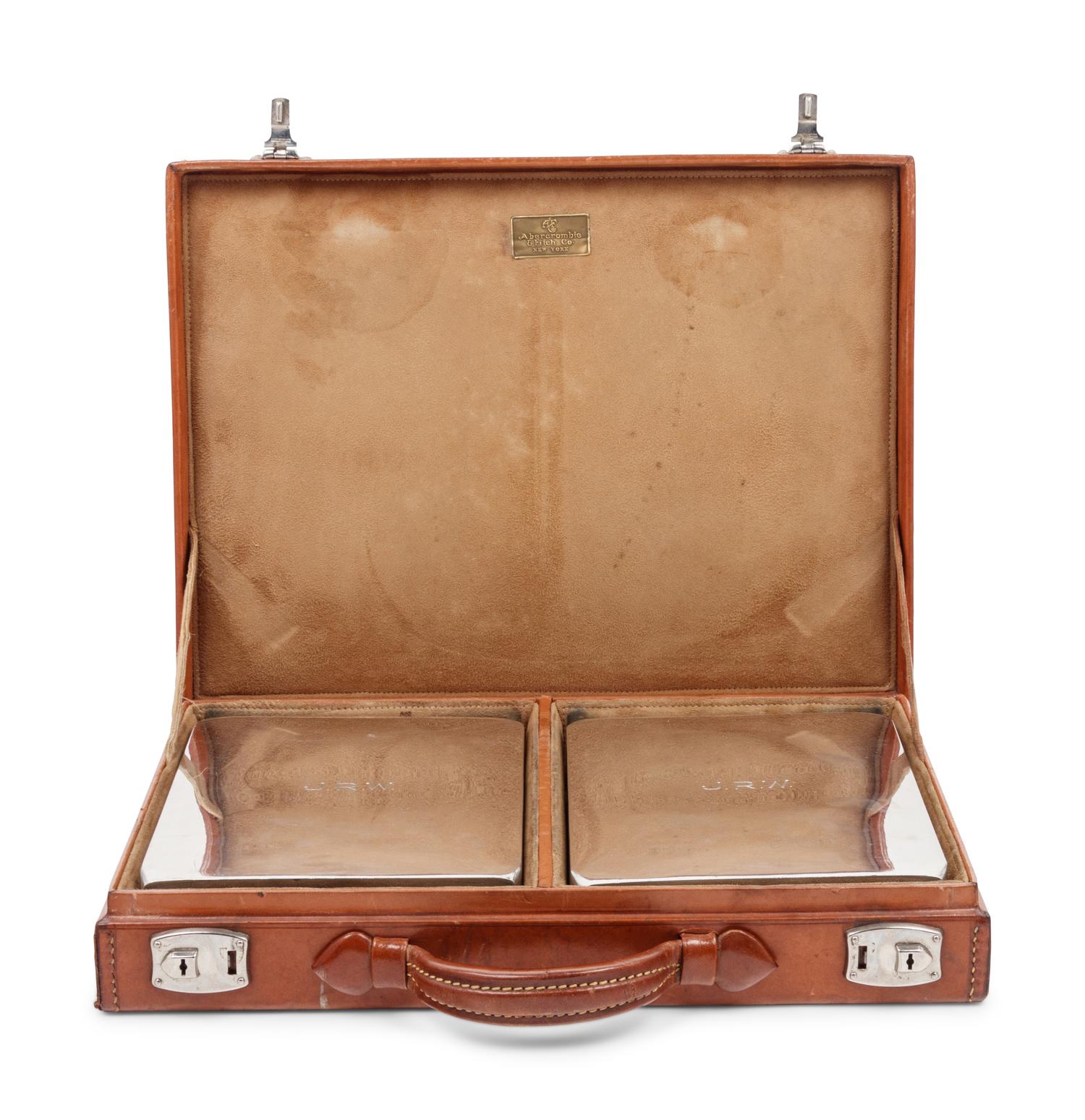 A Leather-Cased Set of Silver-Plate Flasks Retailed by Abercrombie & Fitch